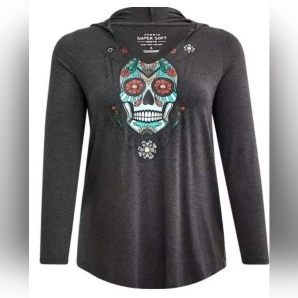 Torrid Gray Graphic Hoodie with Sugar Skull