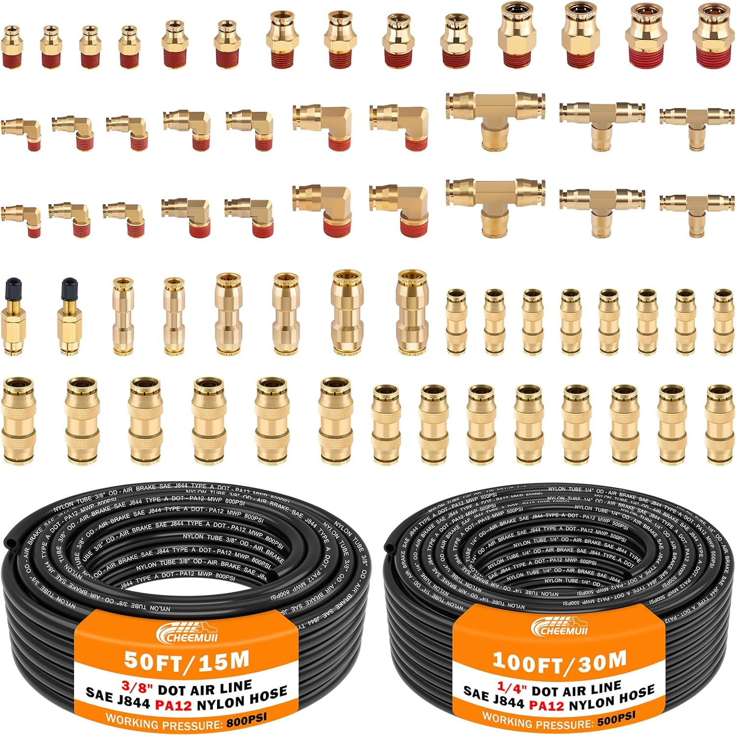 64 PCS Brass DOT Air Line Fittings with 100FT 1/4\