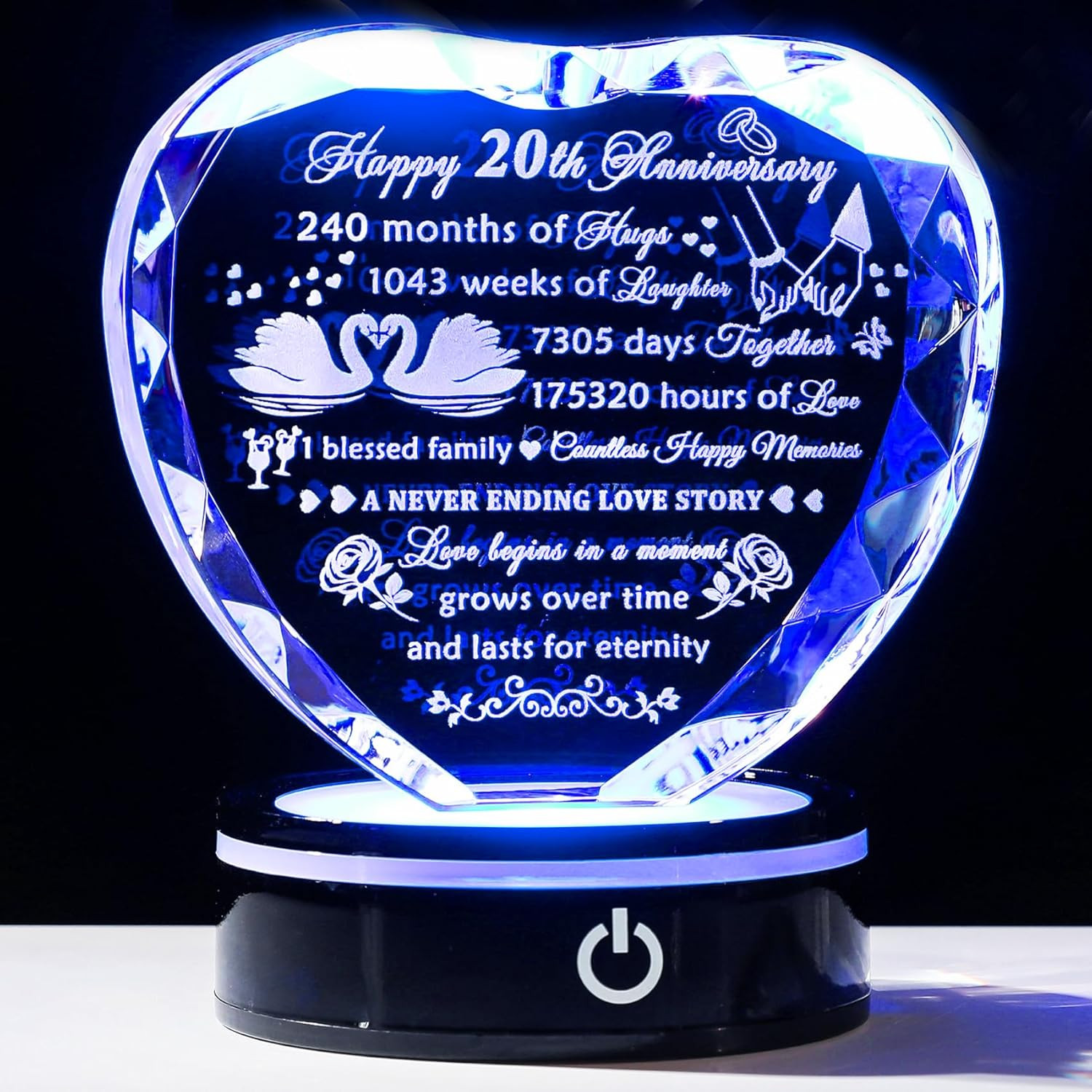 YWHL 20Th Anniversary Crystal Heart Gifts for Wife Husband, Laser Engraved Roman