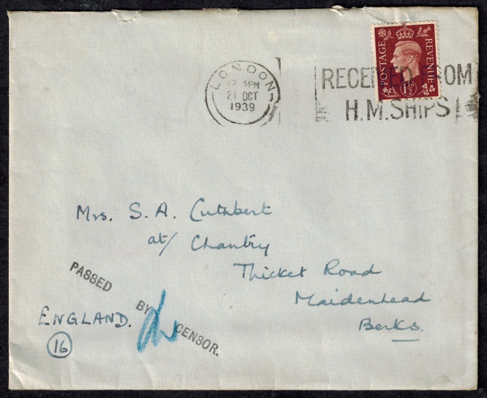 Malta 1939 HMS WARSPITE Cover w/PASSED BY CENSOR H/S Black Initialed RARE