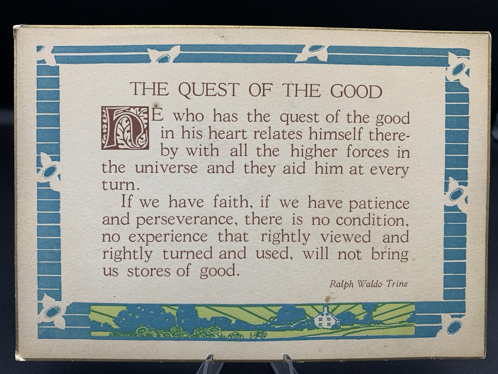 Vintage Antique Motto Card The Quest of the Good Ralph Waldo Trine Lithograph
