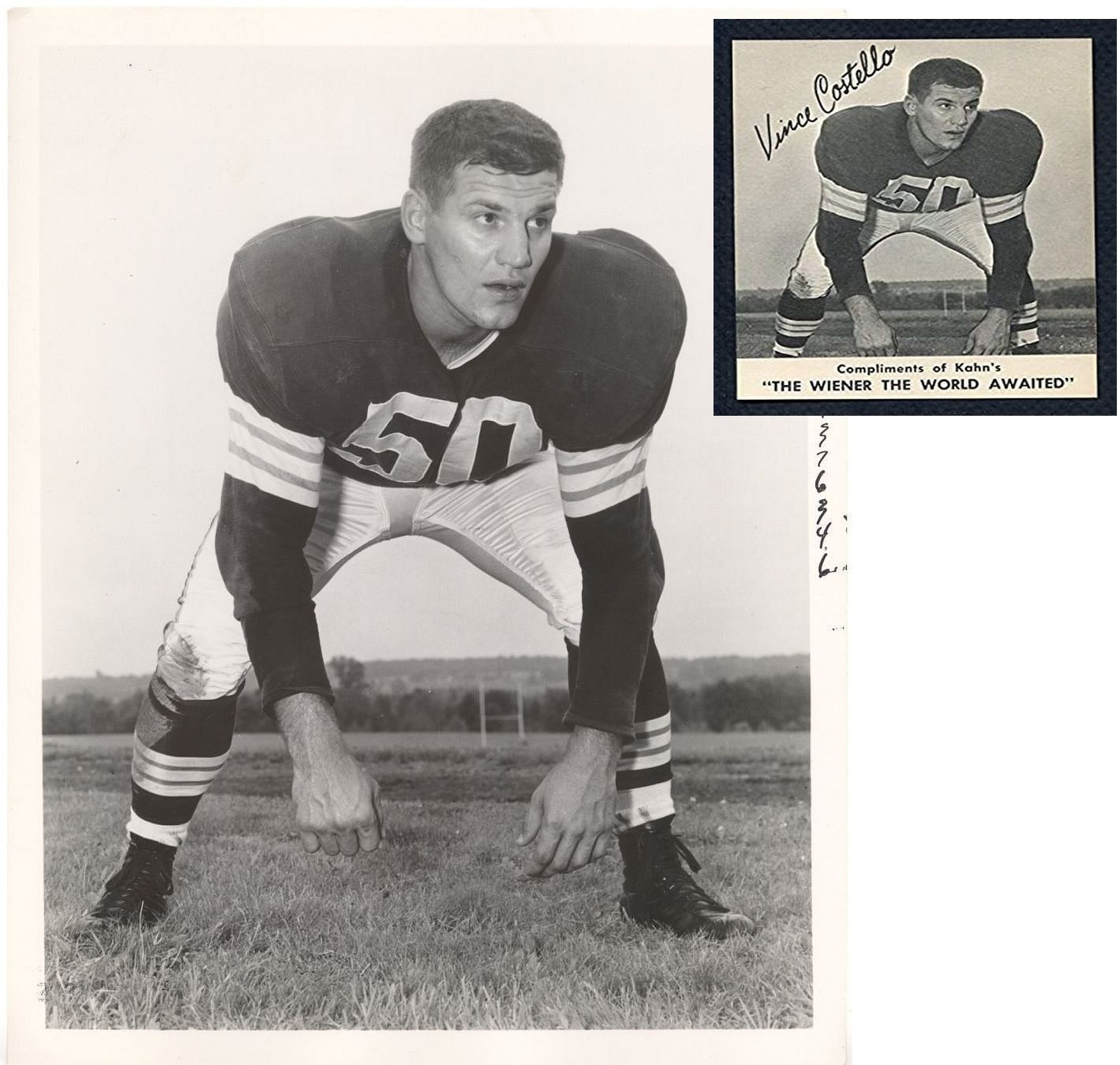 Vince Costello Browns TYPE I original Photo Used for 1959 Kahn’s Weiners FB Card