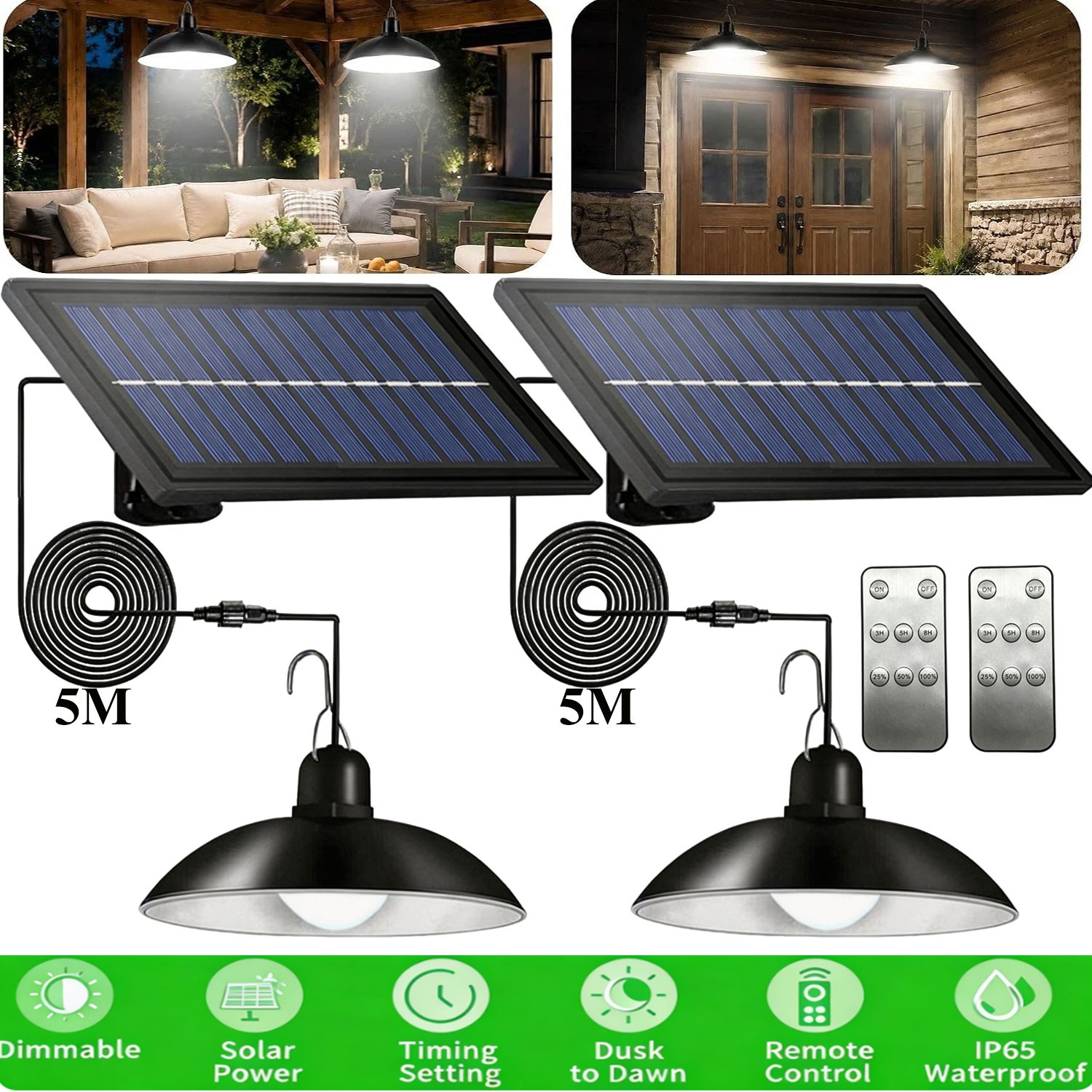 2 Pack Solar Pendant Hanging Light Outdoor Indoor Dusk To Dawn Shed Garage Light