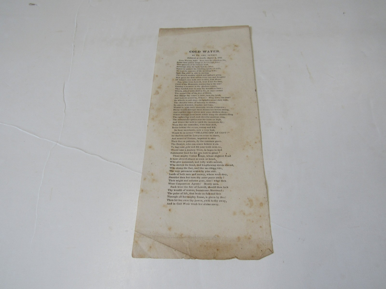 Rare 1845 Unrecorded Temperance Broadside by Jewett, Lowell, MA? Cold Water