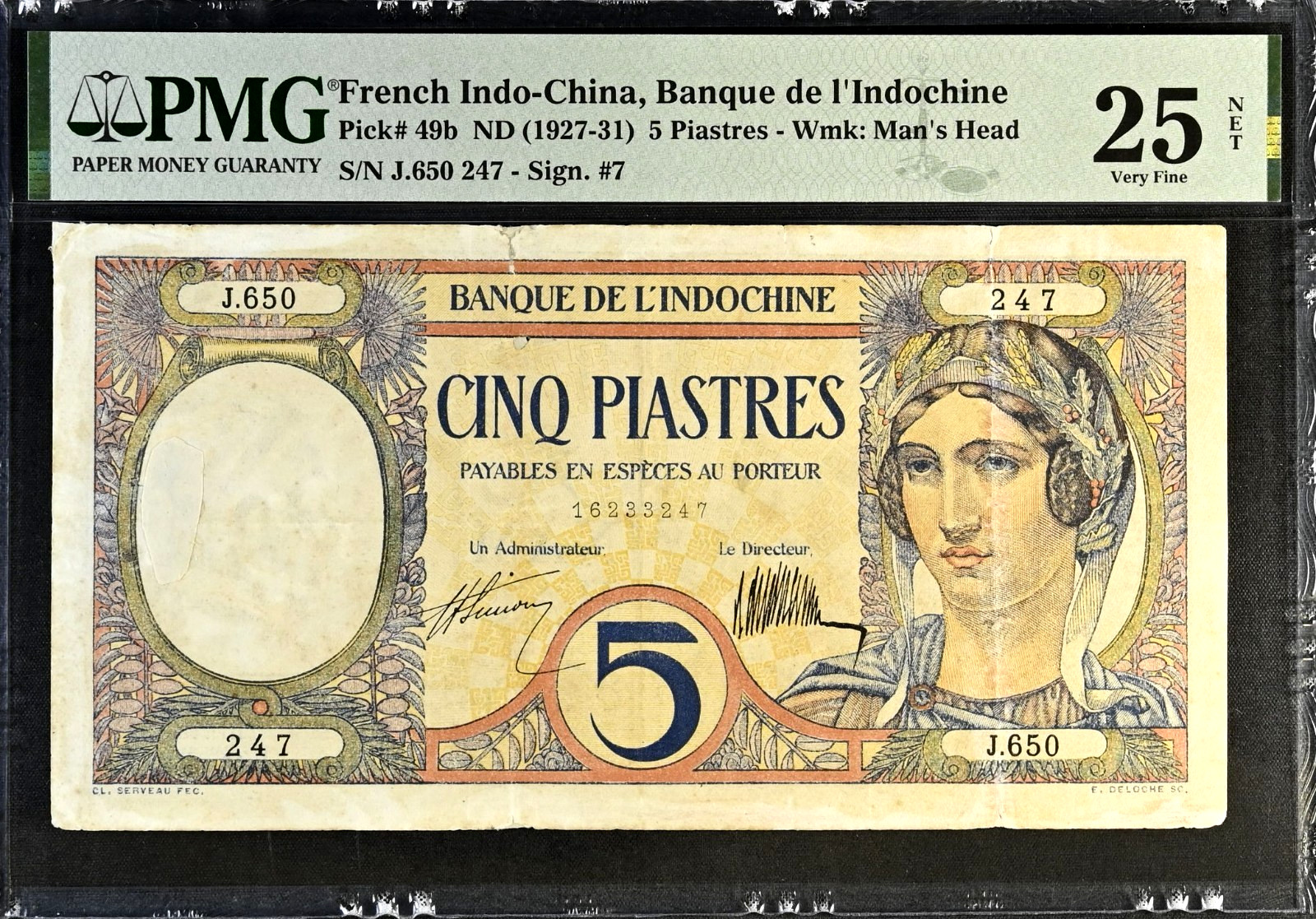 1926-1931 French Indo China 5 Piastres *** Rare 1926-1931 French Indo China 5 Piastres *** Rare