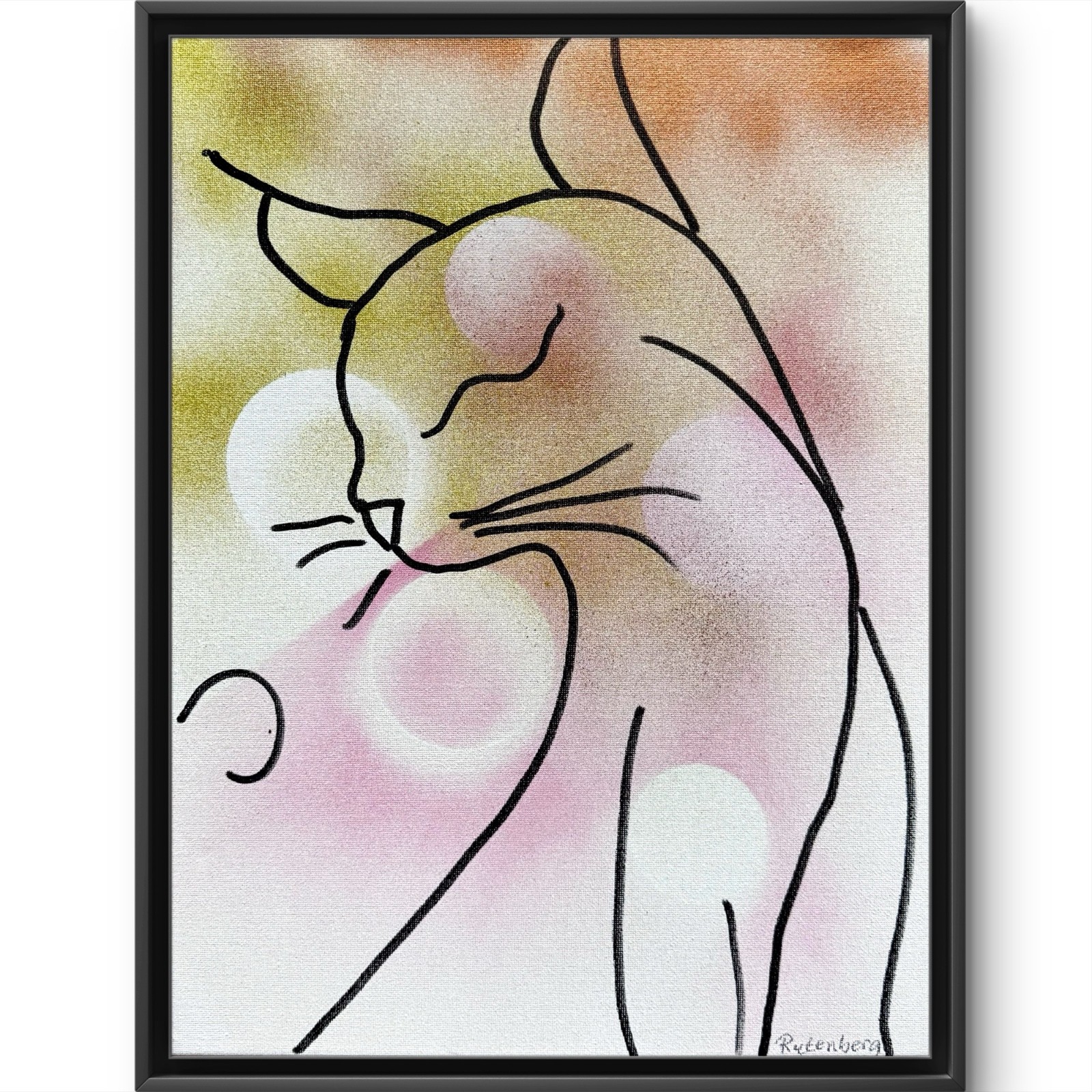 Rutenberg Original Acrylic 12x16 Pink Modern Cat Line Art Painting Canvas 146