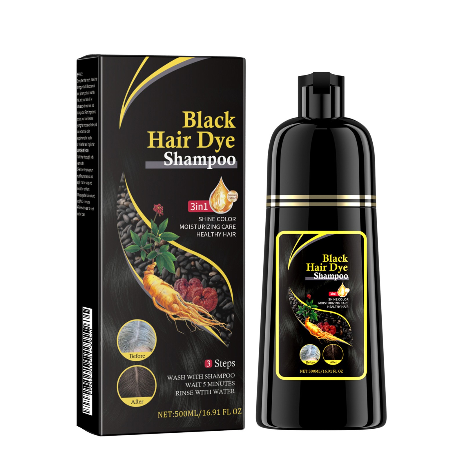 3 in 1 Hair Dye Shampoo Black Brown Herbal Ingredient Instant 100% Grey Coverage