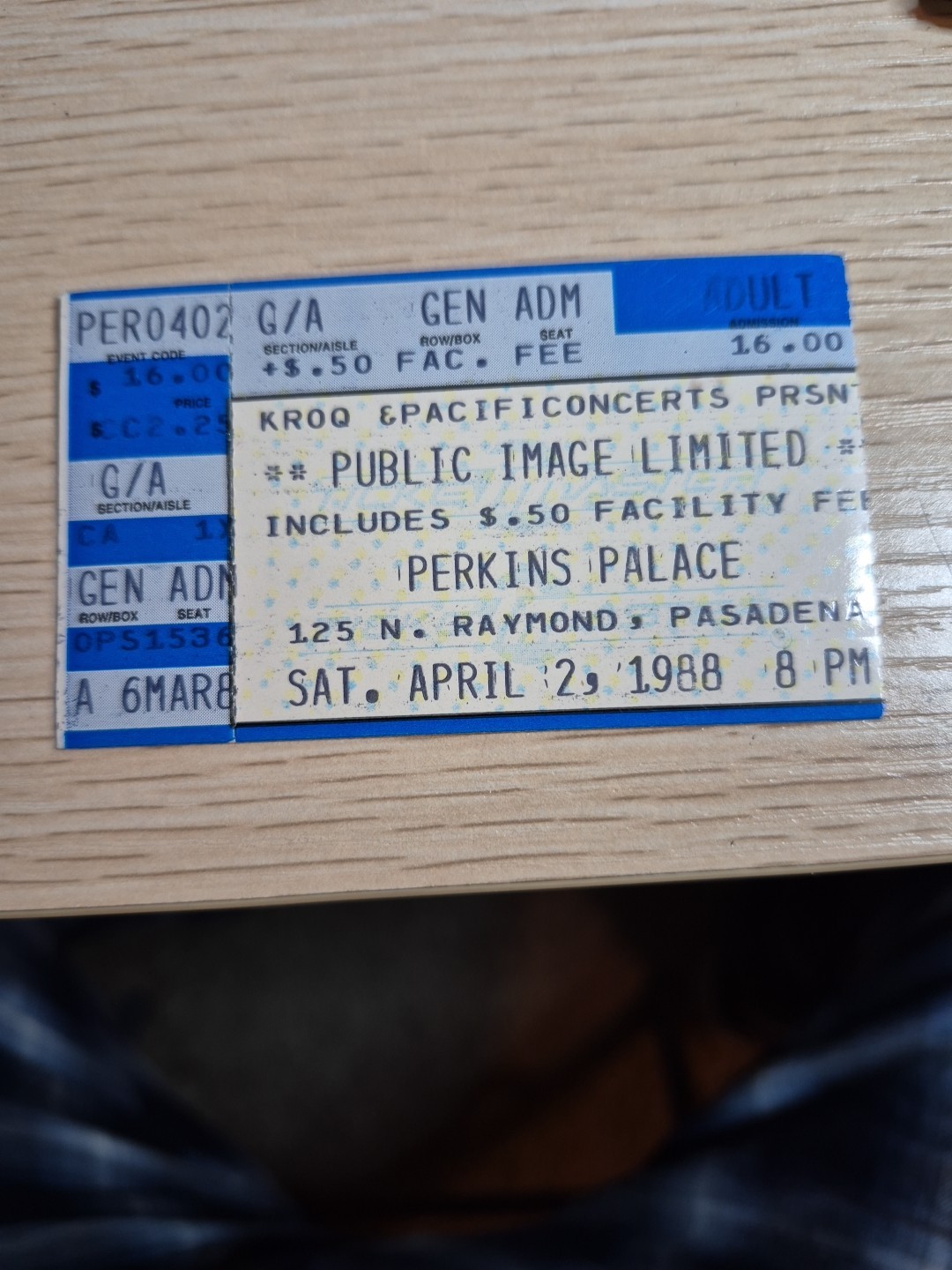 Ticket Stub Public Image Limited Perkins Palace Pasedena CA. April 2 1988 Ticket Stub Public Image Limited Perkins Palace Pasedena CA. April 2 1988