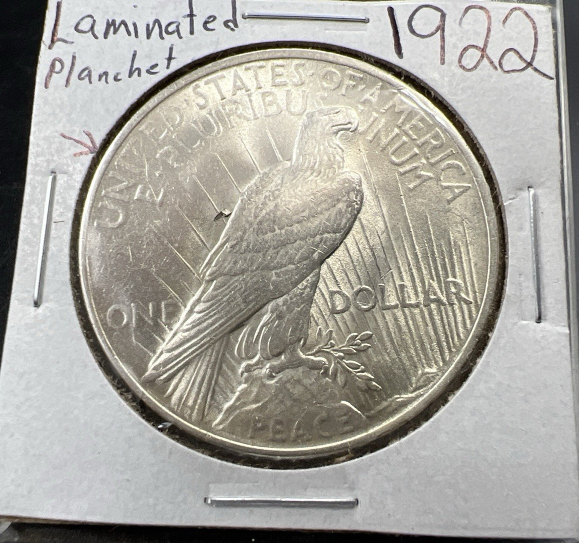 1922 P $1 Peace Silver Dollar Coin Laminated Planchet Error CH AU About UNC 1922 P $1 Peace Silver Dollar Coin Laminated Planchet Error CH AU About UNC
