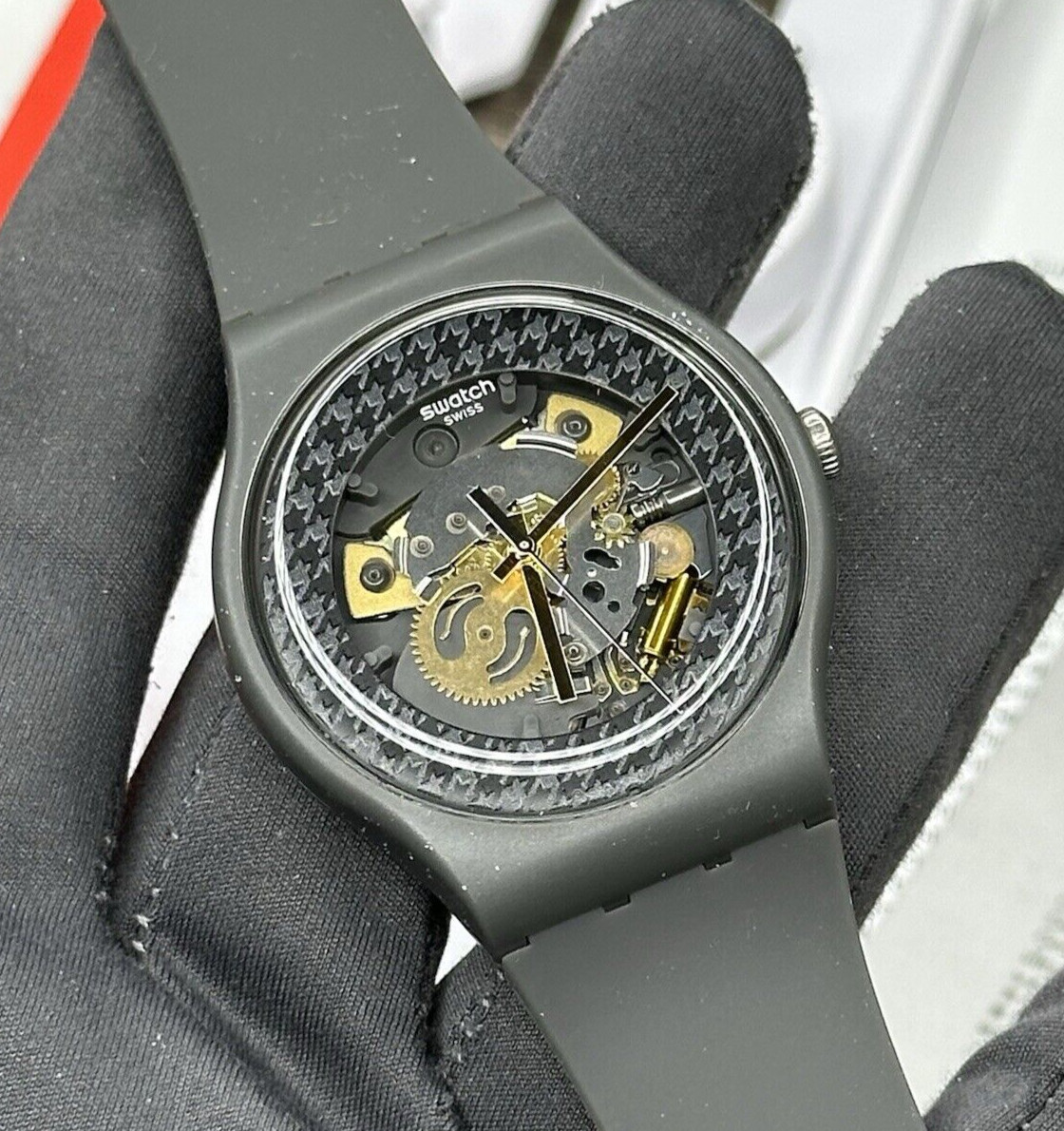 NEW✅ Swatch Originals GREYBOLINO Skeleton Dial Dark Gray Silicone Watch SUOM109