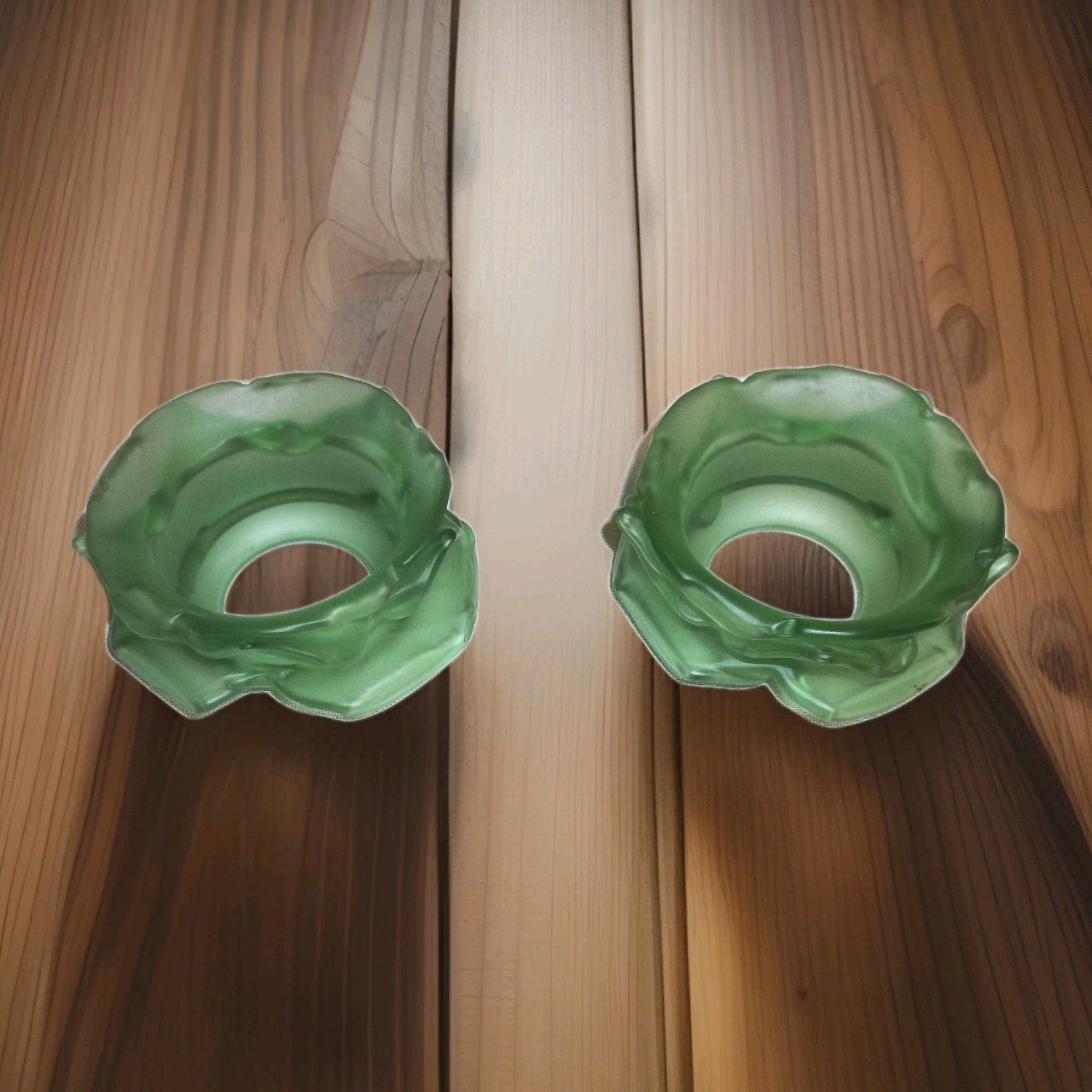 Pair Of Rare Handcrafted Antique French Green Glass Rose Petal Shades