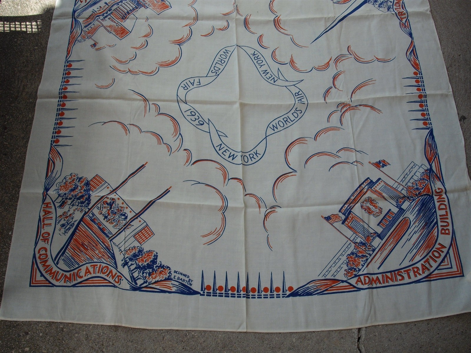 Rare 1939 NY Worlds Fair 52 x 49 Linen Tablecloth E. Barton Antique Textile