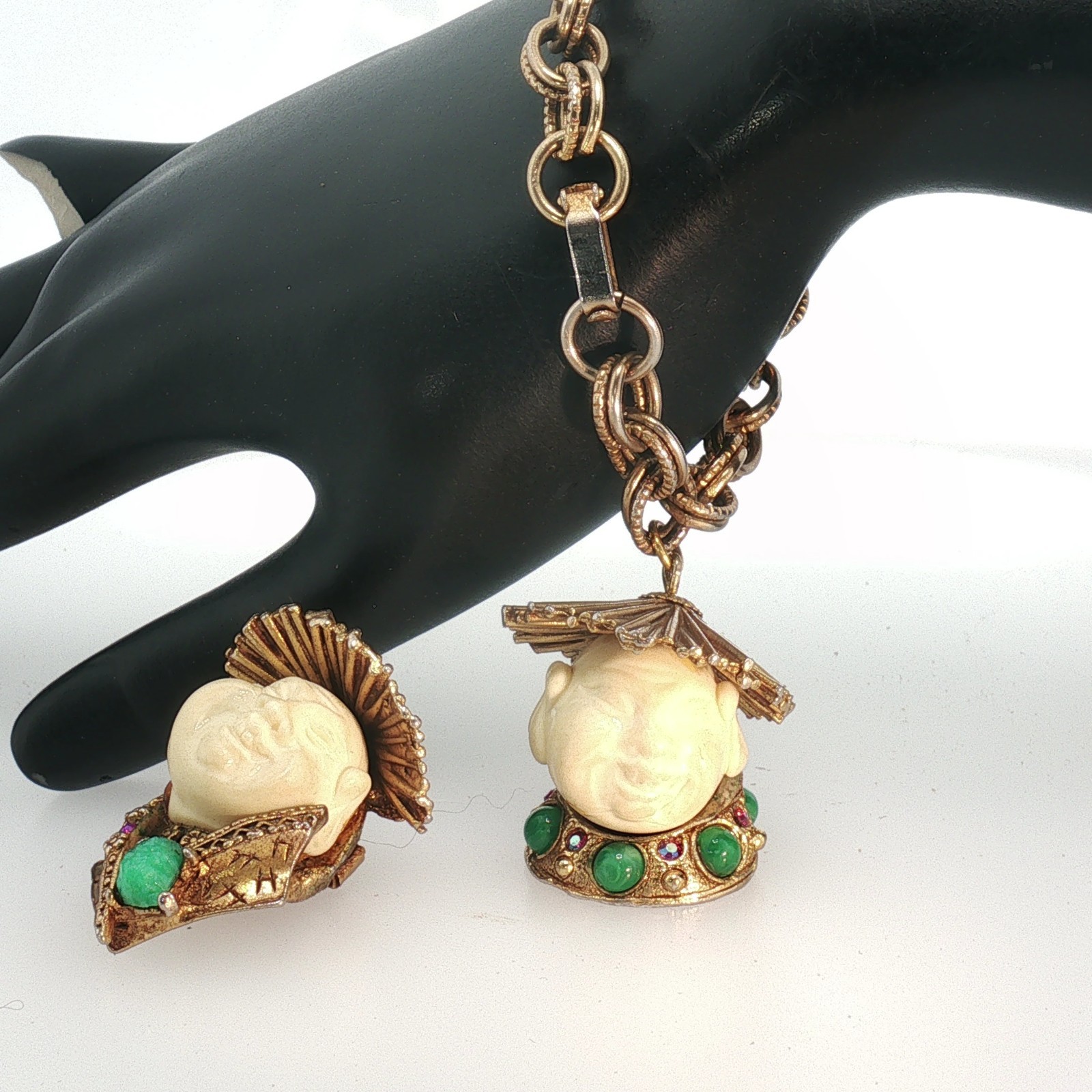 Vintage HAR Laughing Buddha Jewelry Set Bracelet Brooch Turquoise Gold Tone