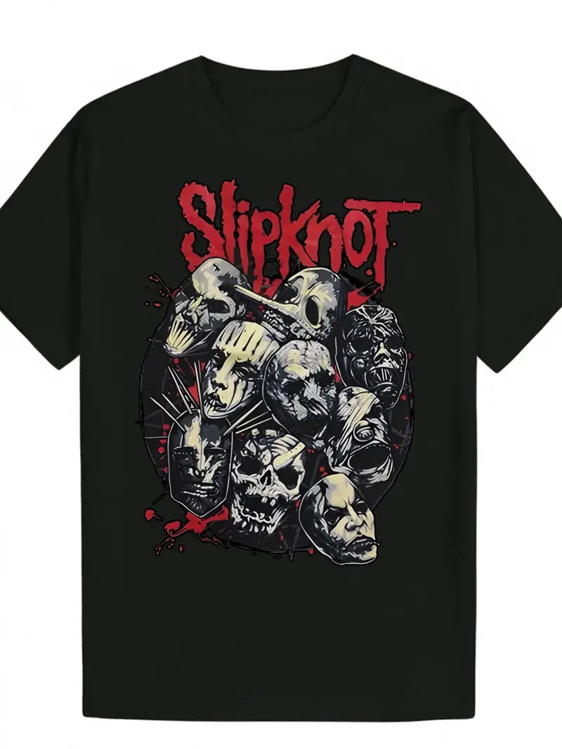 Black Polyester Men's Slipknot Graphic Tee | Casual T-Shirt with Skull Design, Black Polyester Men's Slipknot Graphic Tee | Casual T-Shirt with Skull Design,