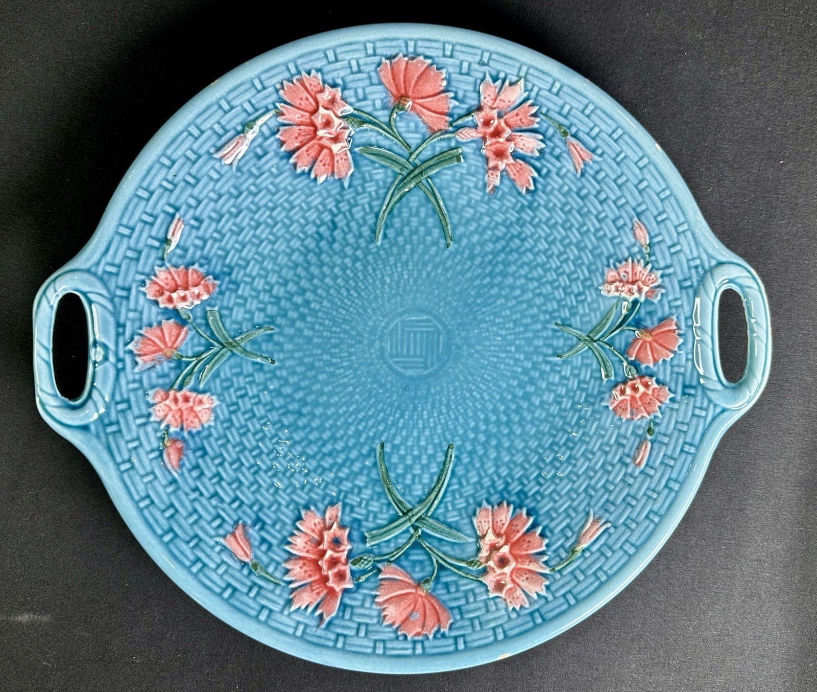 Antique Zell German Majolica Basketweave Cornflower Handled Platter Tray