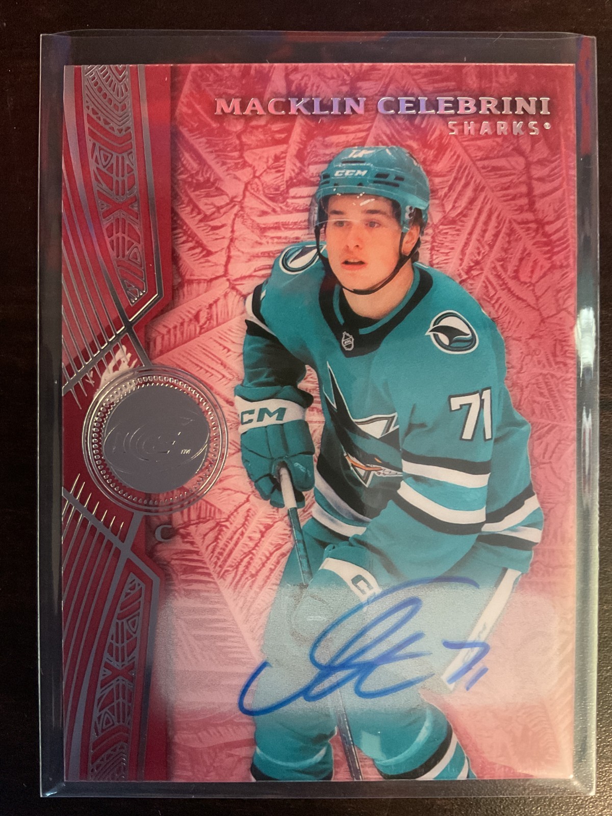 Macklin Celebrini 2025-26 Upper Deck Ice Red On-Card Auto Card #64