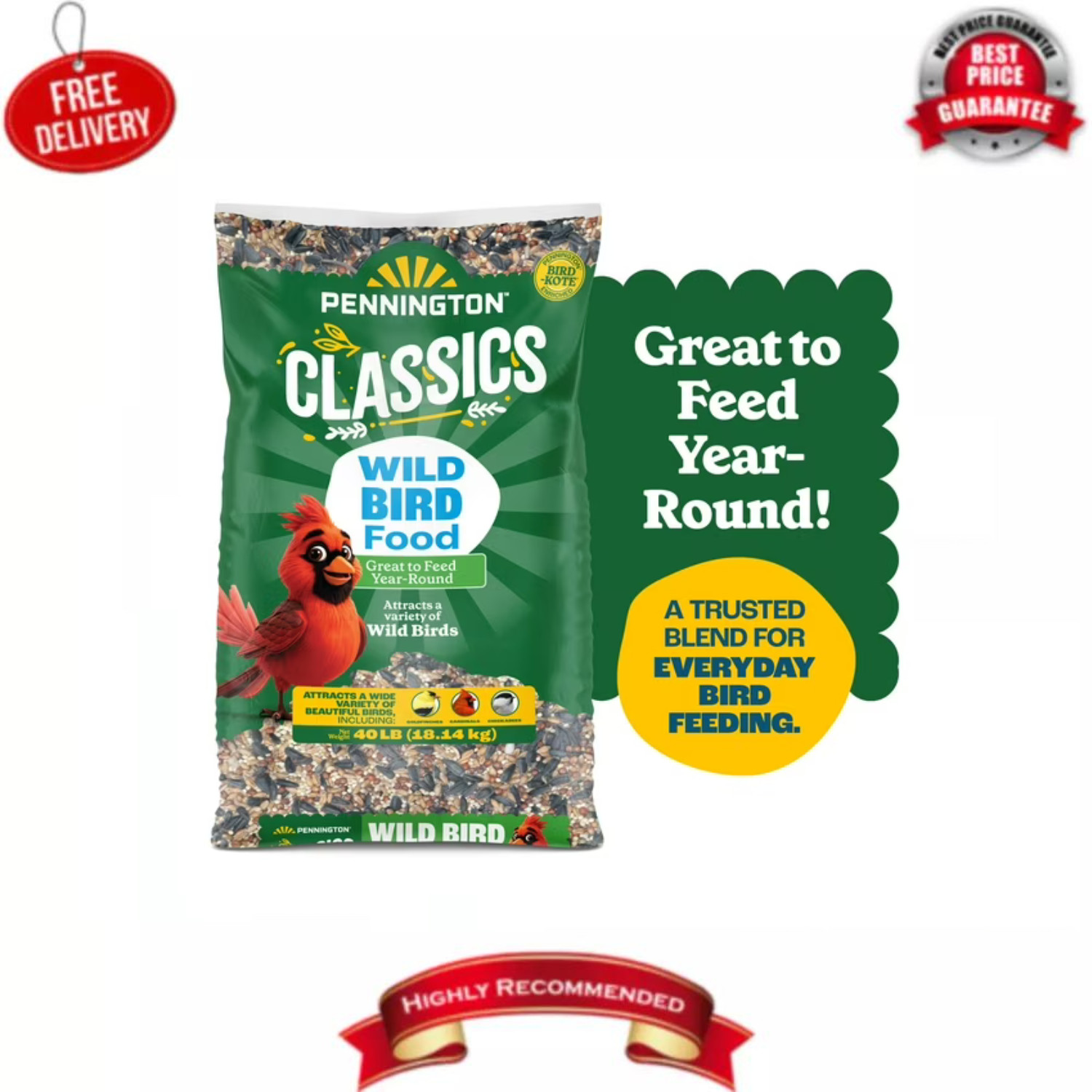 Pennington Classic Wild Bird Feed and Seed, 40 lb. Bag, Dry, 1 Pack