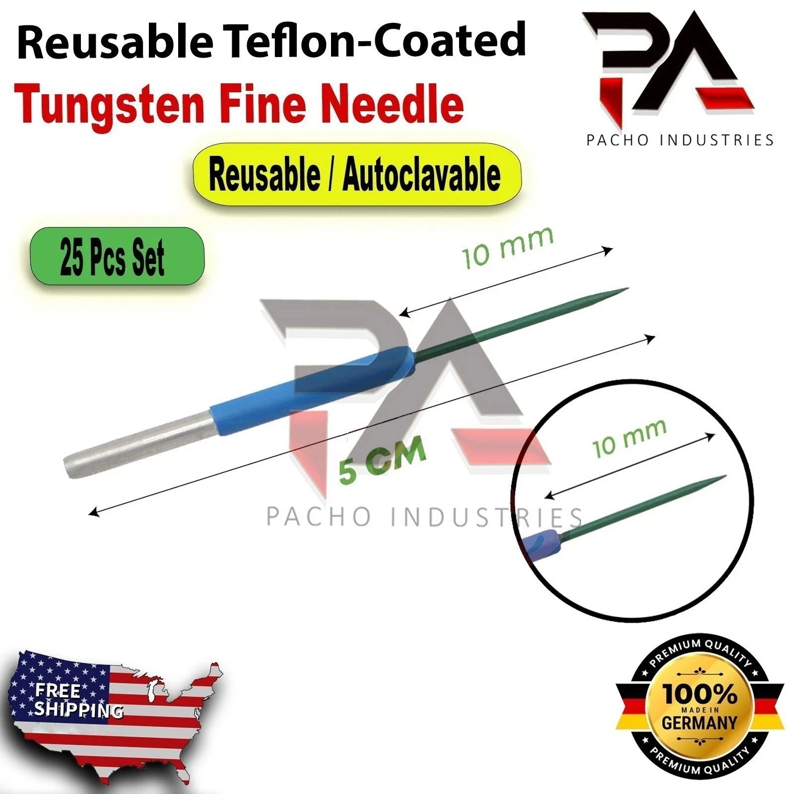 Ellman Teflon Coated Tungsten Fine Needles 25/Box Non-Stick 5cm Needles New Tips
