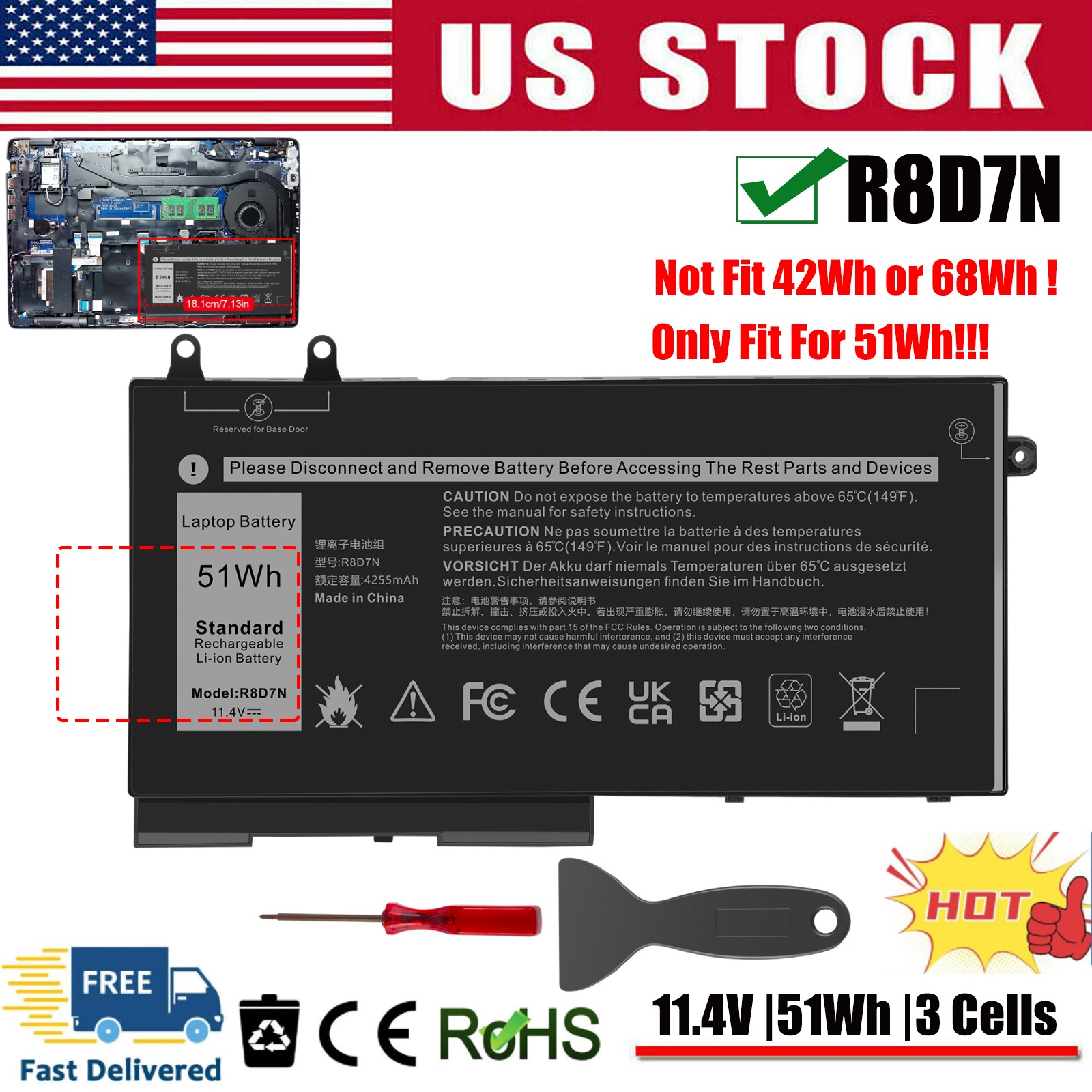 ✅1V1XF 51Wh Battery Replacement for DELL Precision 3540 3550 Latitude 5400 R8D7N