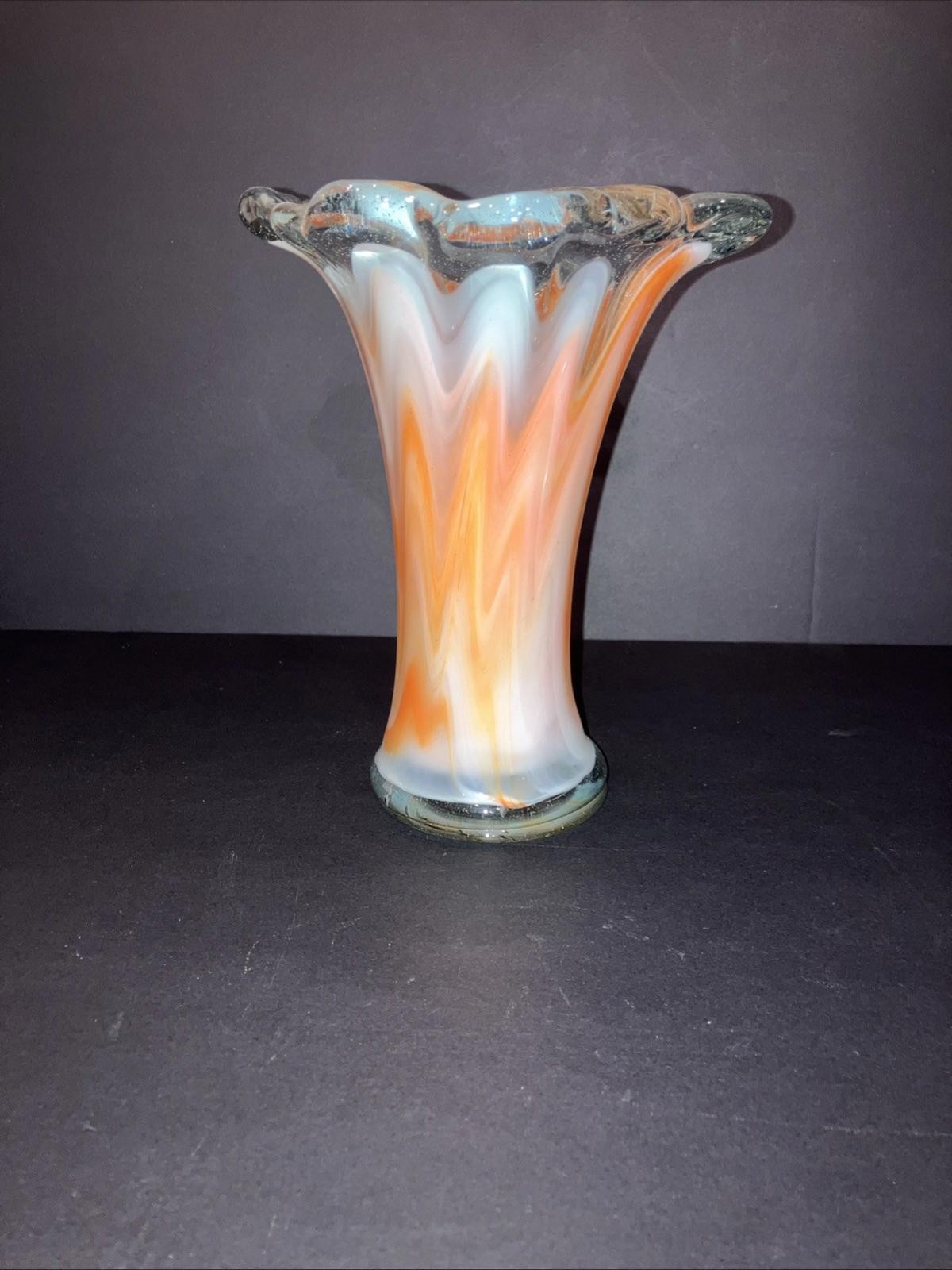 Vintage Murano Hand Blown Glass Vase Orange & White Swirl Ruffled Edge Vintage Murano Hand Blown Glass Vase Orange & White Swirl Ruffled Edge