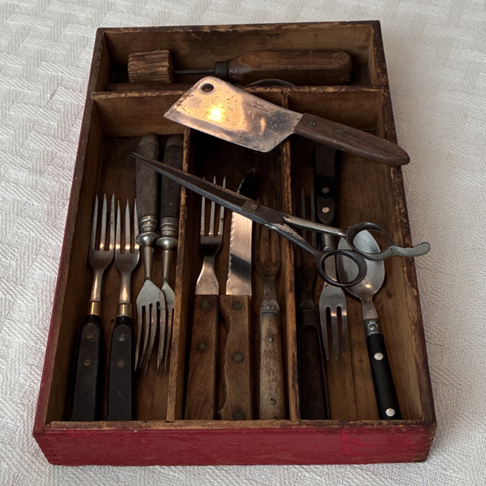Vintage primitive wooden Cuttery tray & mixed antique silverware lot 15 pc  plus