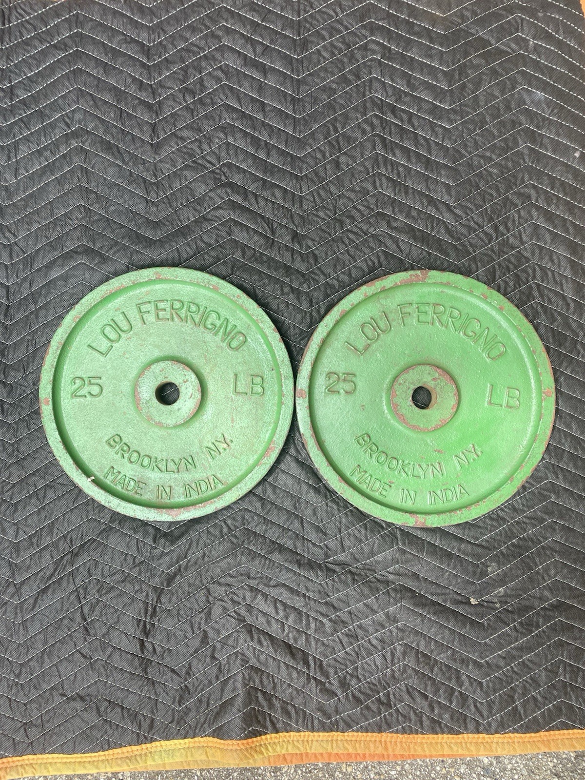 Rare Vtg Lou Ferrigno Brooklyn NY Standard Weight Plates, 25 Lbs, Set Of 2 Rare Vtg Lou Ferrigno Brooklyn NY Standard Weight Plates, 25 Lbs, Set Of 2