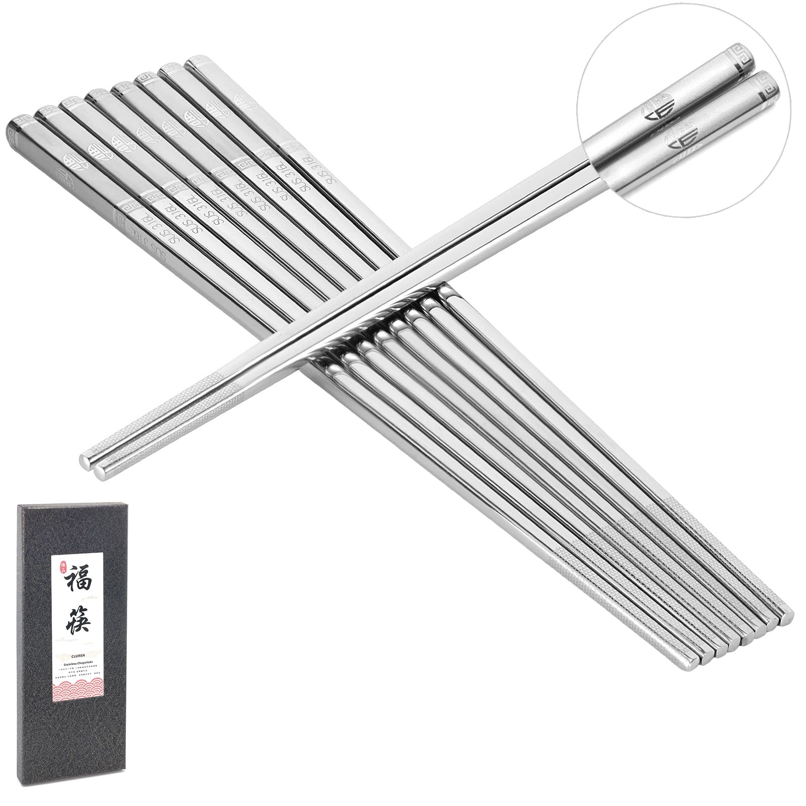 Premium 316L Stainless Steel Chopsticks Set (5 Pair silver) - Reusable Metal ...
