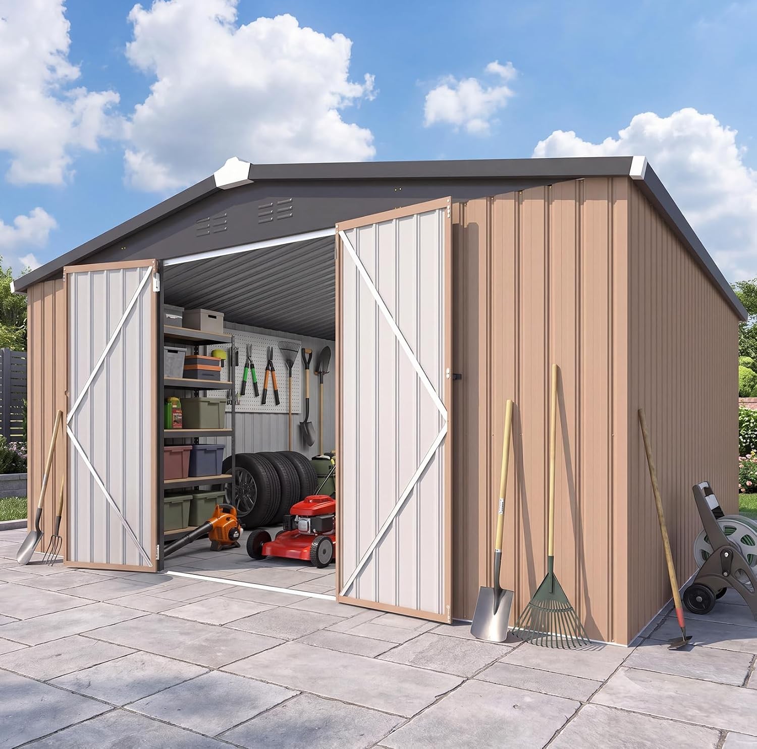 12x12 FT Galvanized Steel Storage Shed, Sloped Roof, Lockable Double Doors, Gray 12x12 FT Galvanized Steel Storage Shed, Sloped Roof, Lockable Double Doors, Gray