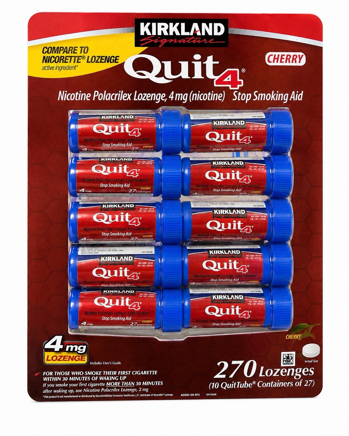 Kirkland Quit 270 Nicotine Lozenges Cherry 4mg Stop Smoke 12/27 Sealed New