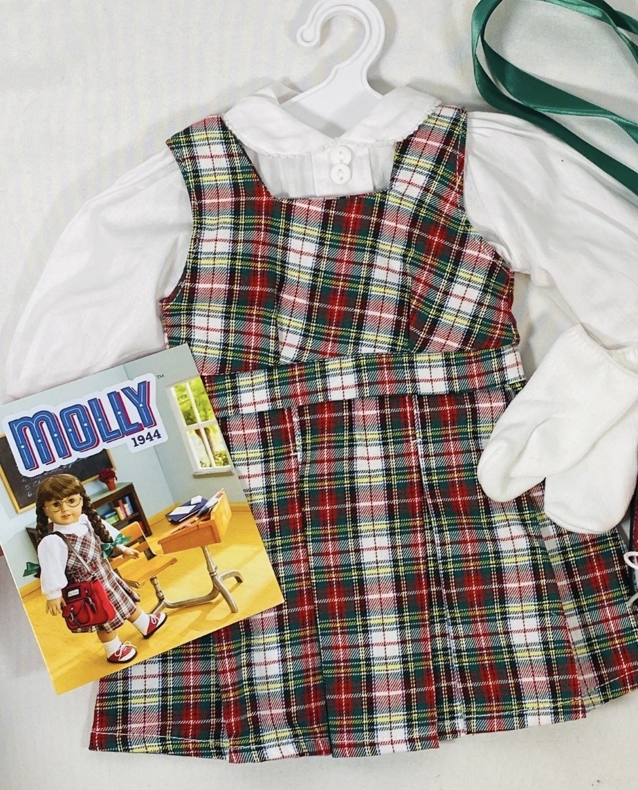 American Girl Doll Molly's Plaid School Jumper & Blouse-Socks, Green ribbons American Girl Doll Molly's Plaid School Jumper & Blouse-Socks, Green ribbons