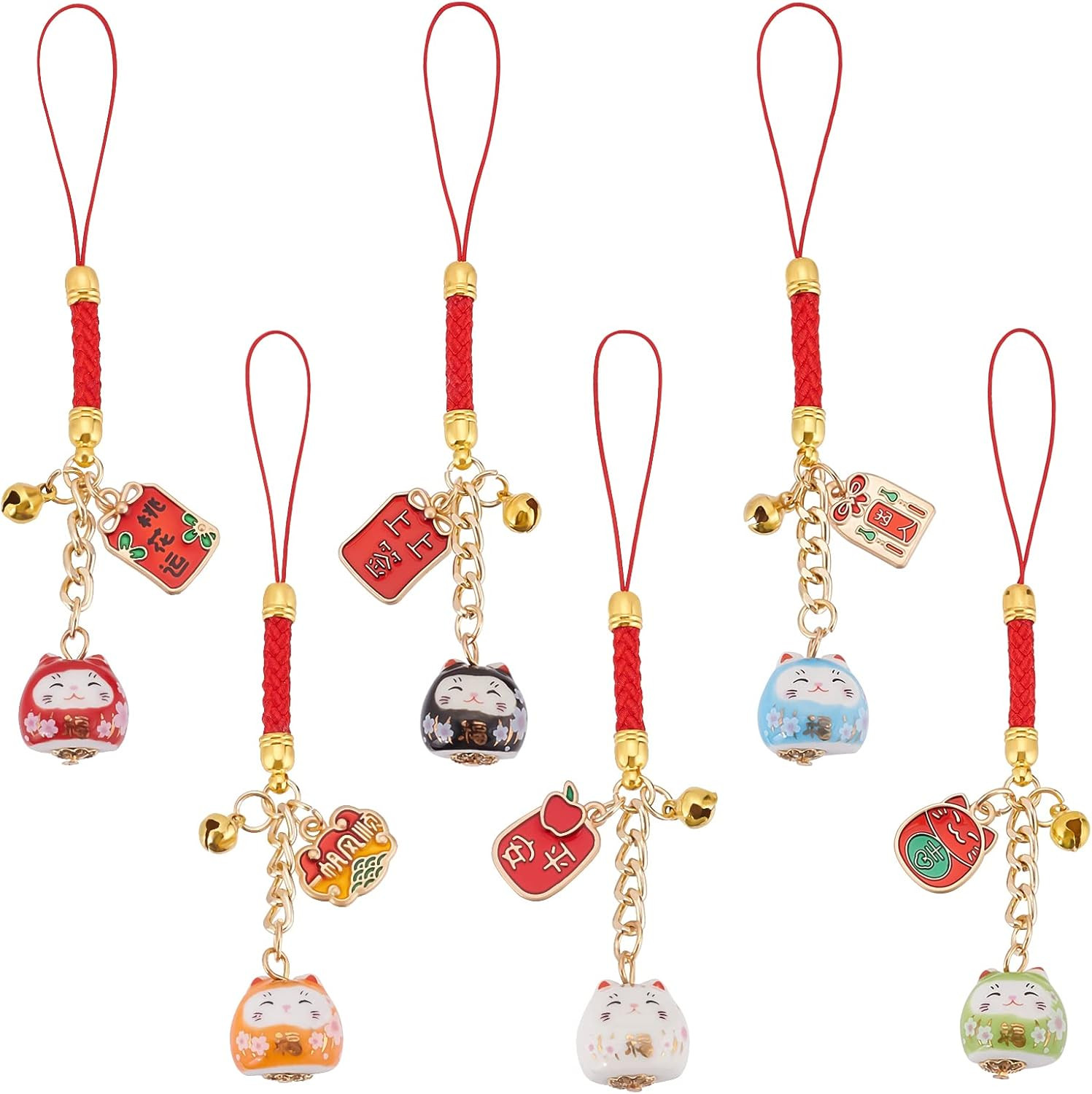 6PCS Lucky Beckoning Cat Keychains Pendant Japanese Maneki Neko Cat