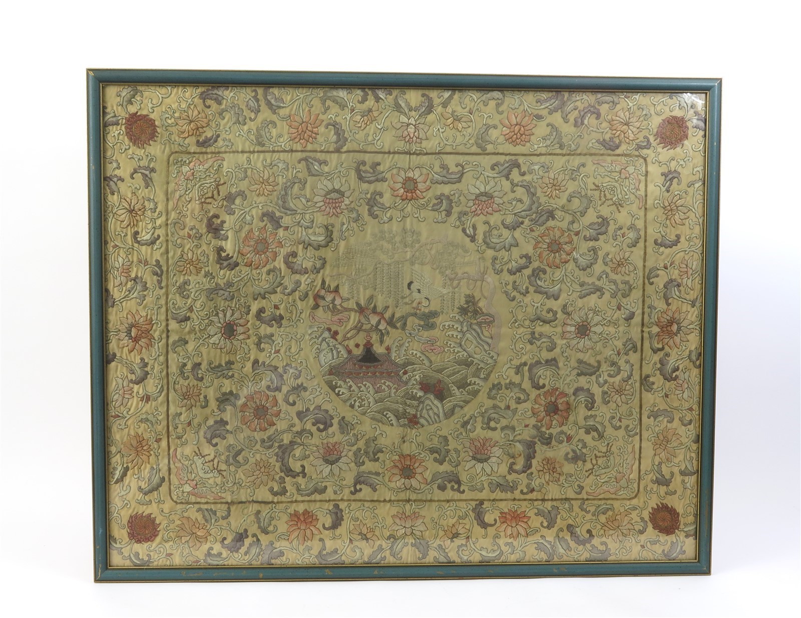 Nice Framed Antique Chinese Silk Embroidery Panel Crane Flowers 36.25\