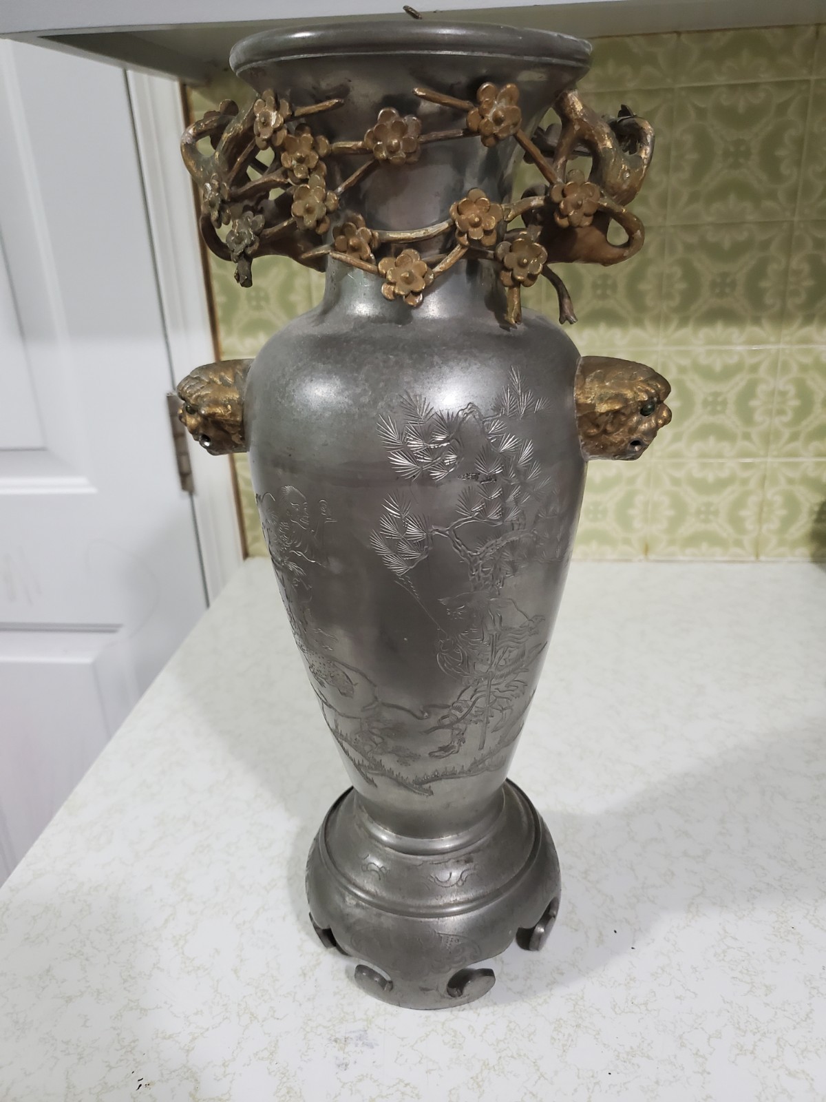 Antique Early 20th Pewter Vase Plum Blossom Branch Adornments Huikee Swatow Antique Early 20th Pewter Vase Plum Blossom Branch Adornments Huikee Swatow