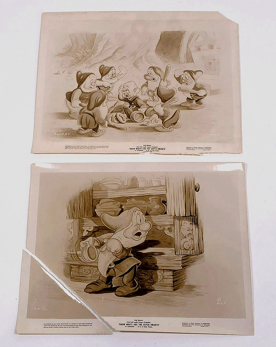 Lot of 2 Vtg 1938 Disney Snow White 7 Dwarfs Promo Photos 8x10 Kay Kamen ~ COND.