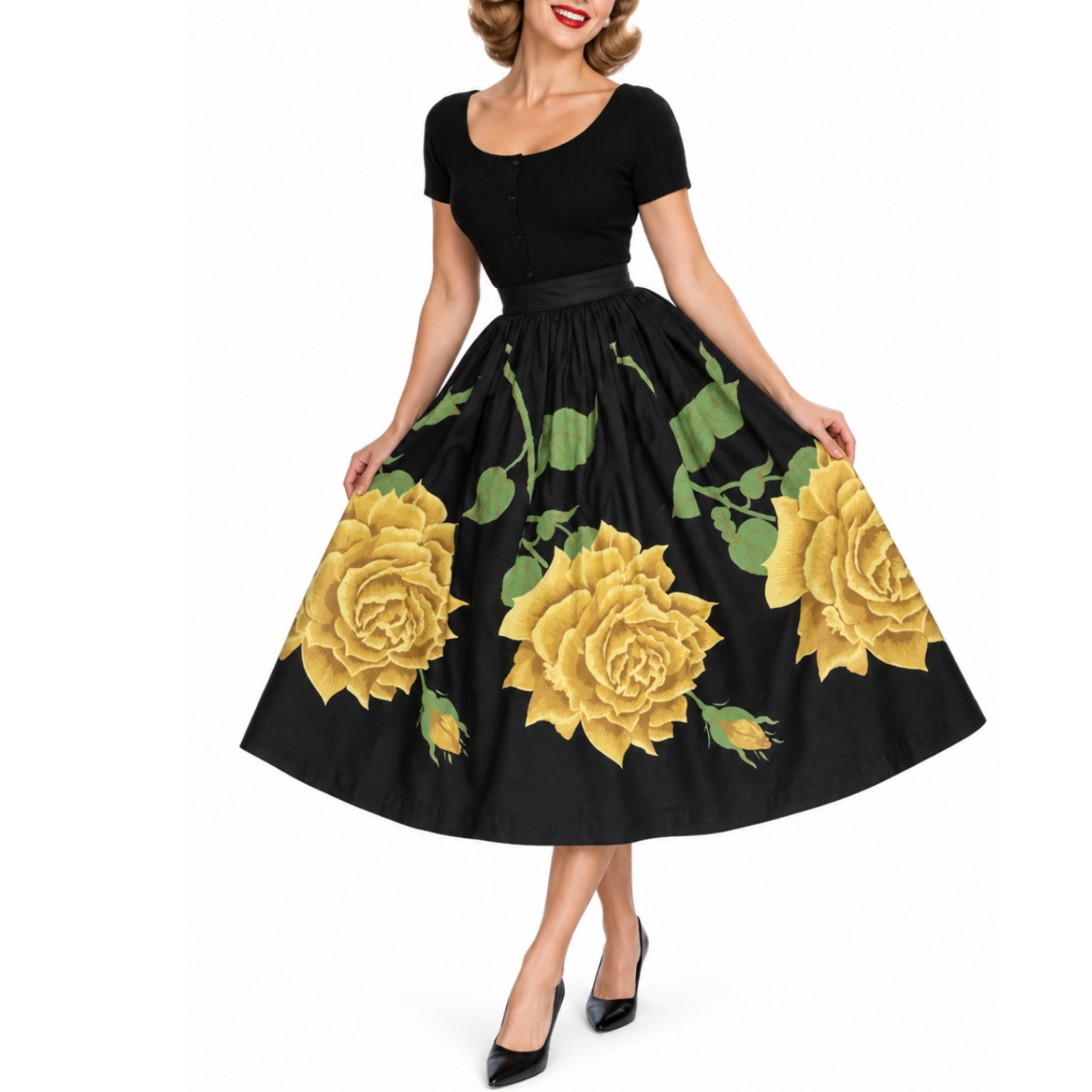 Vintage 1950s Novelty Print Swing Skirt XS Black Yellow Rose Rockabilly Pinup 