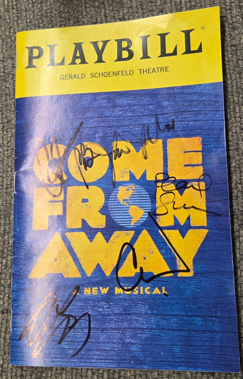 CAST SIGNED, COME FROM AWAY, PLAYBILL, GERALD SOHOENFELD THEATRE, FEB 2020