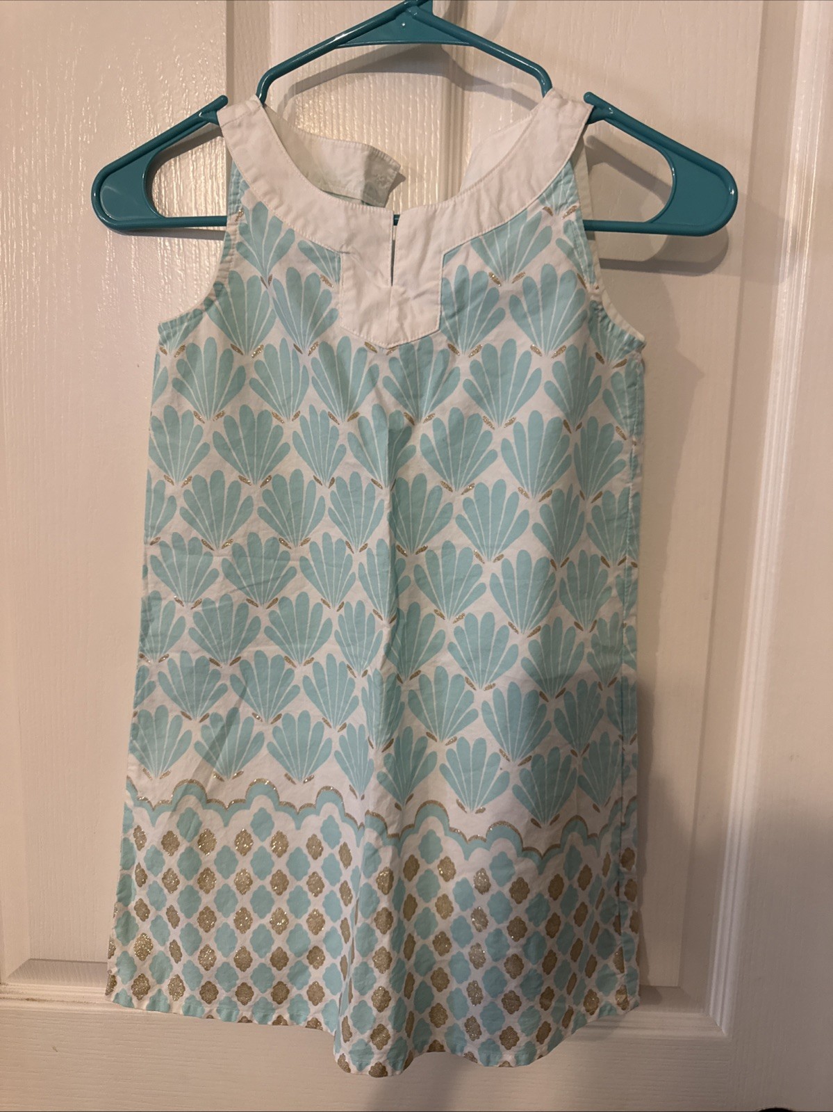 GYMBOREE GIRLS EASTER PASTEL TEAL AQUA SEA SHELL GOLD GLITTER ACCENT DRESS 7 