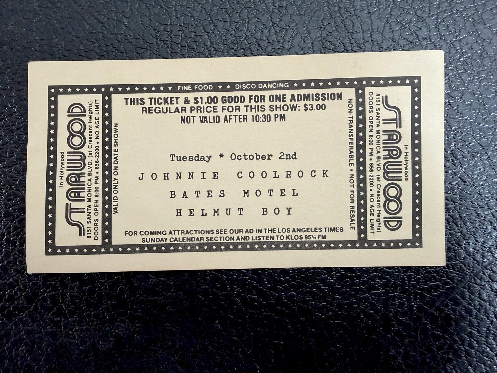 Vintage Starwood Club Concert Pass Ticket Bates Motel Helmut Boy Unused