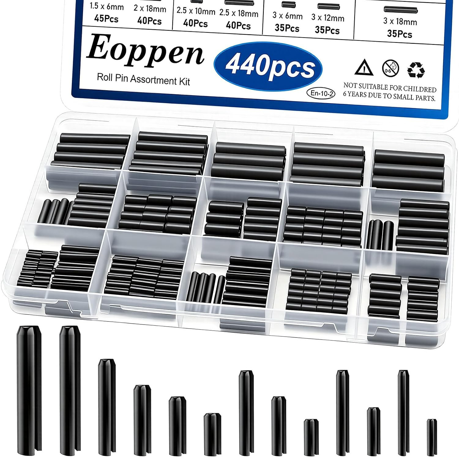 440Pcs Roll Pin Assortment Kit - Slotted Spring Pins Steel Split Expansion Pin
