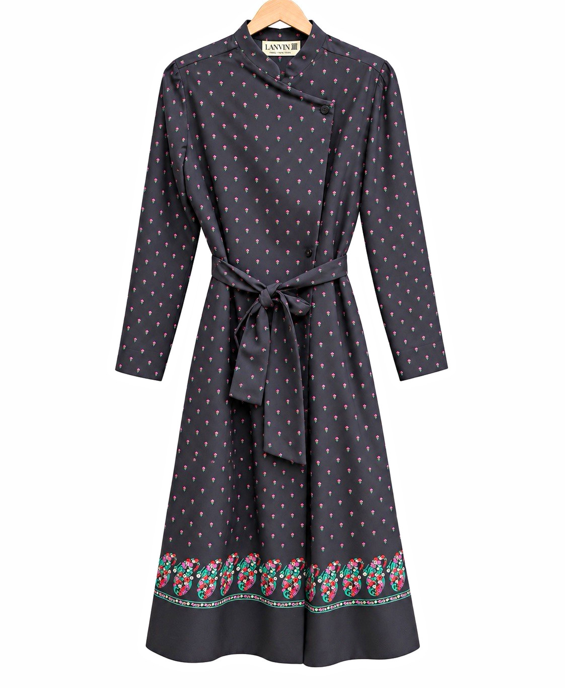 FRENCH DESIGNER VINTAGE Size 12 1970s LANVIN Paris New York Floral Belted Dress
