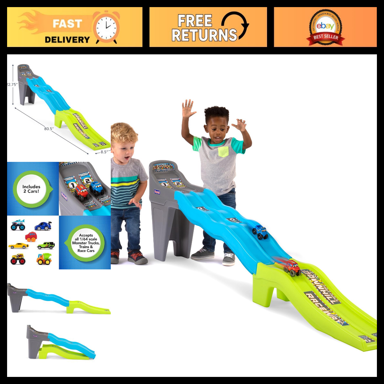 Dual Racetrack Downhill Raceway for Kids - 2 Toy Race Cars Included, Made in USA Dual Racetrack Downhill Raceway for Kids - 2 Toy Race Cars Included, Made in USA