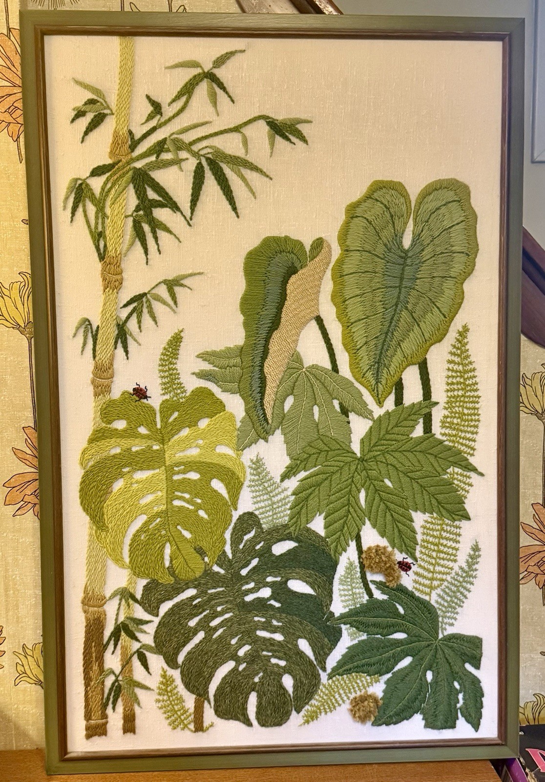 Bucilla Verdant Garden #1560 Completed & Framed Crewel Embroidered MCM 23x36 Bucilla Verdant Garden #1560 Completed & Framed Crewel Embroidered MCM 23x36