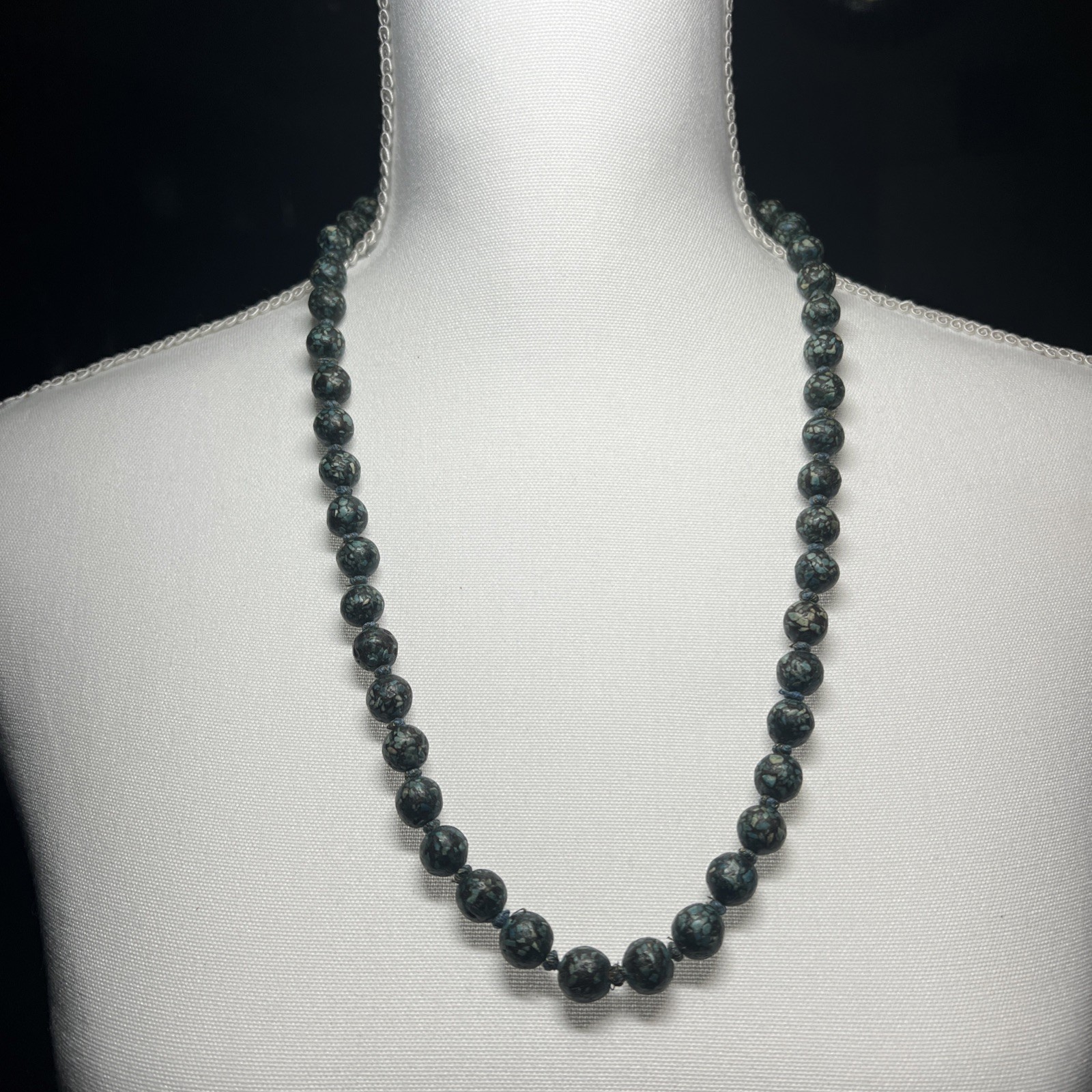 Vintage 1970’s Mosaic Turquoise Bead Necklace 24” Knotted Boho Tribal 10mm