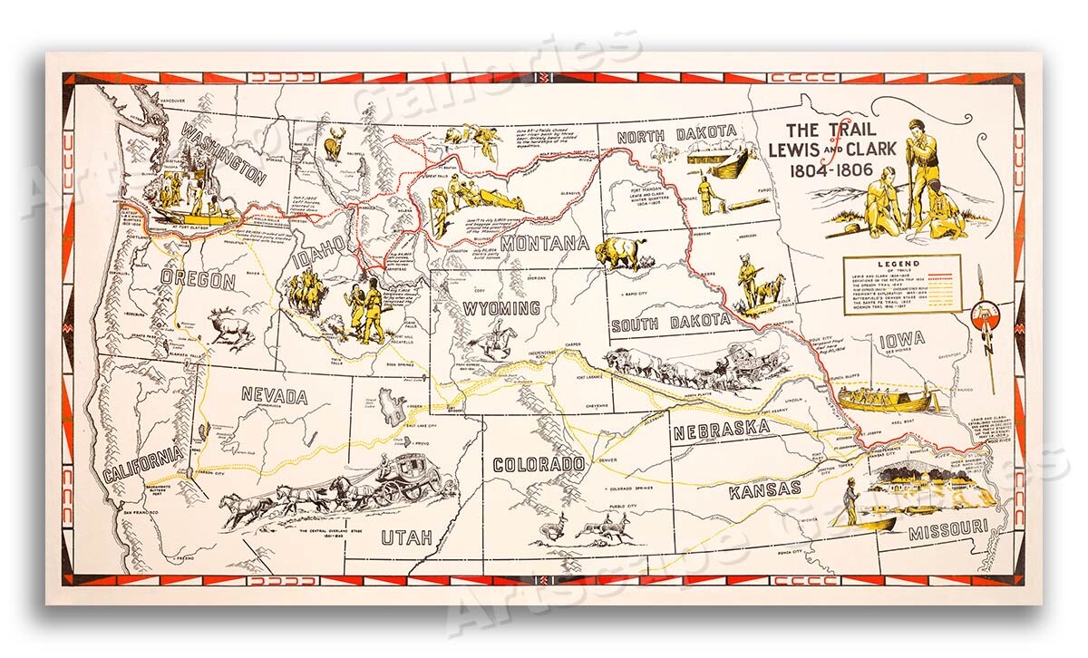 1806-1804 Trail of Lewis and Clark Illustrated Expedition Map  - 14x24