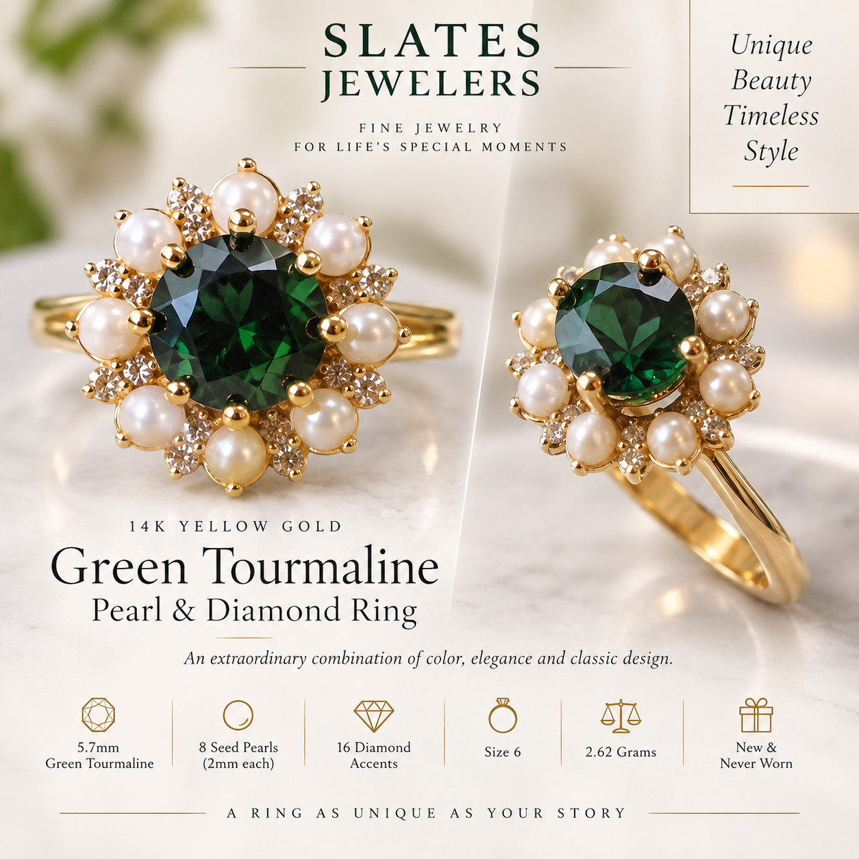 14K Yellow Gold Green Tourmaline Pearl Diamond Floral Ring Size 6