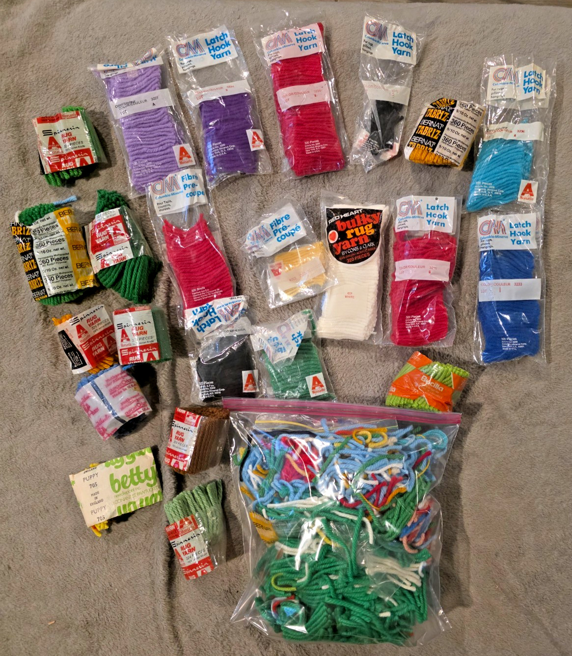 Vintage Latch Hook Rug Yarn LOT Columbia Minerva Bernat Bucilla 23 Packs + Bag Vintage Latch Hook Rug Yarn LOT Columbia Minerva Bernat Bucilla 23 Packs + Bag