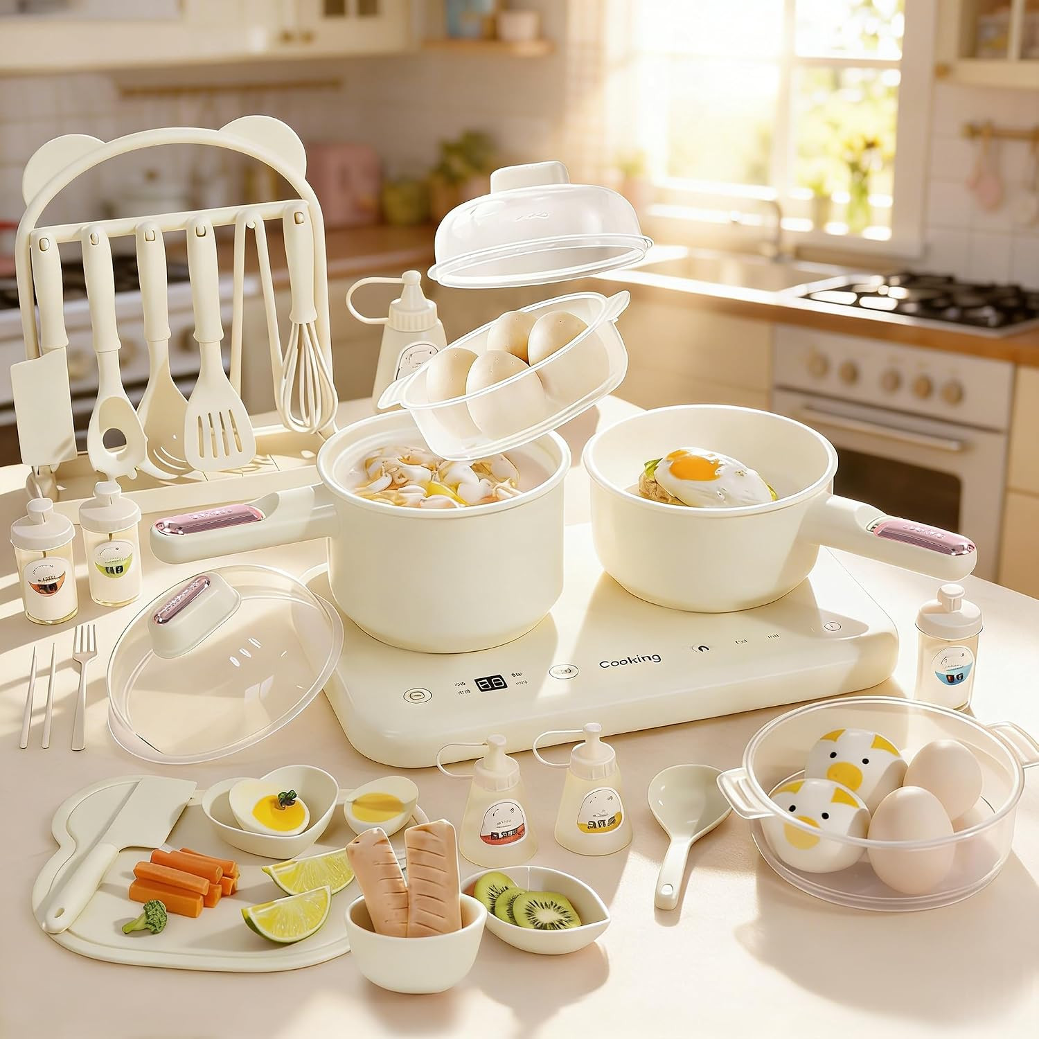 Real Cooking Set with 110V Dual Burner, Mini Kitchen Set (Beige)