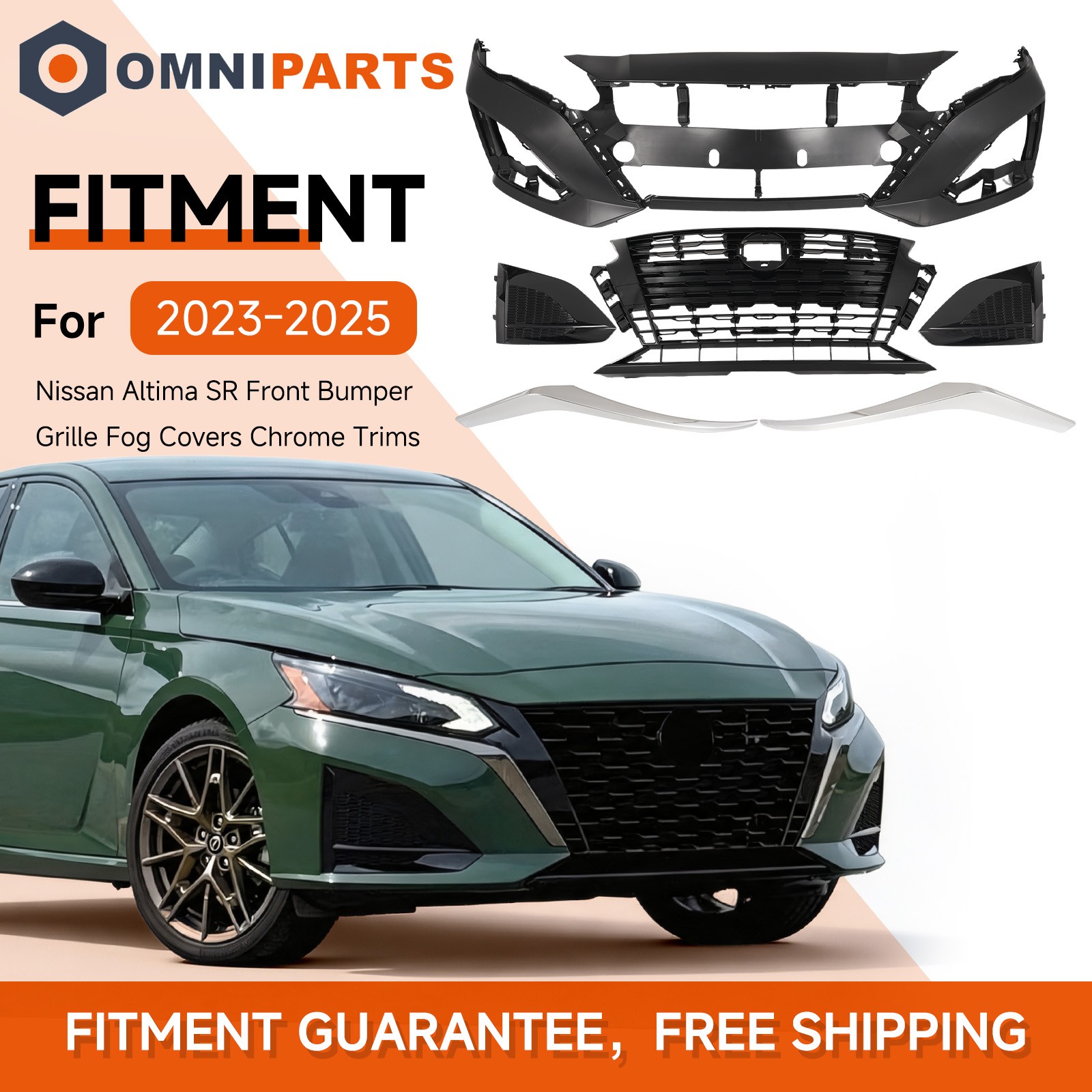 Fit 2023-2025 Nissan Altima SR Front Bumper Grille W/ Fog Covers + Chrome Trims Fit 2023-2025 Nissan Altima SR Front Bumper Grille W/ Fog Covers + Chrome Trims