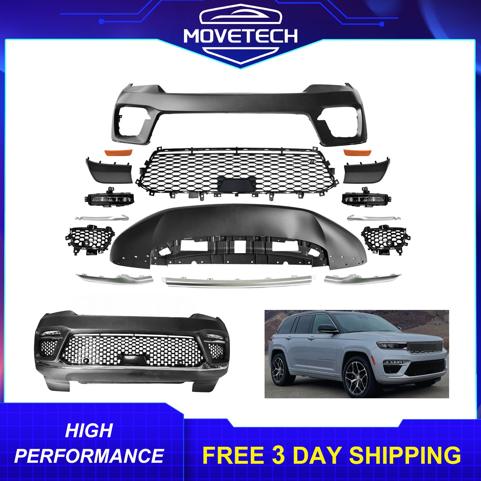 New Front Bumper Cover Kit with Fog Lamp For 2022 2023 2024 Jeep Grand Cherokee New Front Bumper Cover Kit with Fog Lamp For 2022 2023 2024 Jeep Grand Cherokee