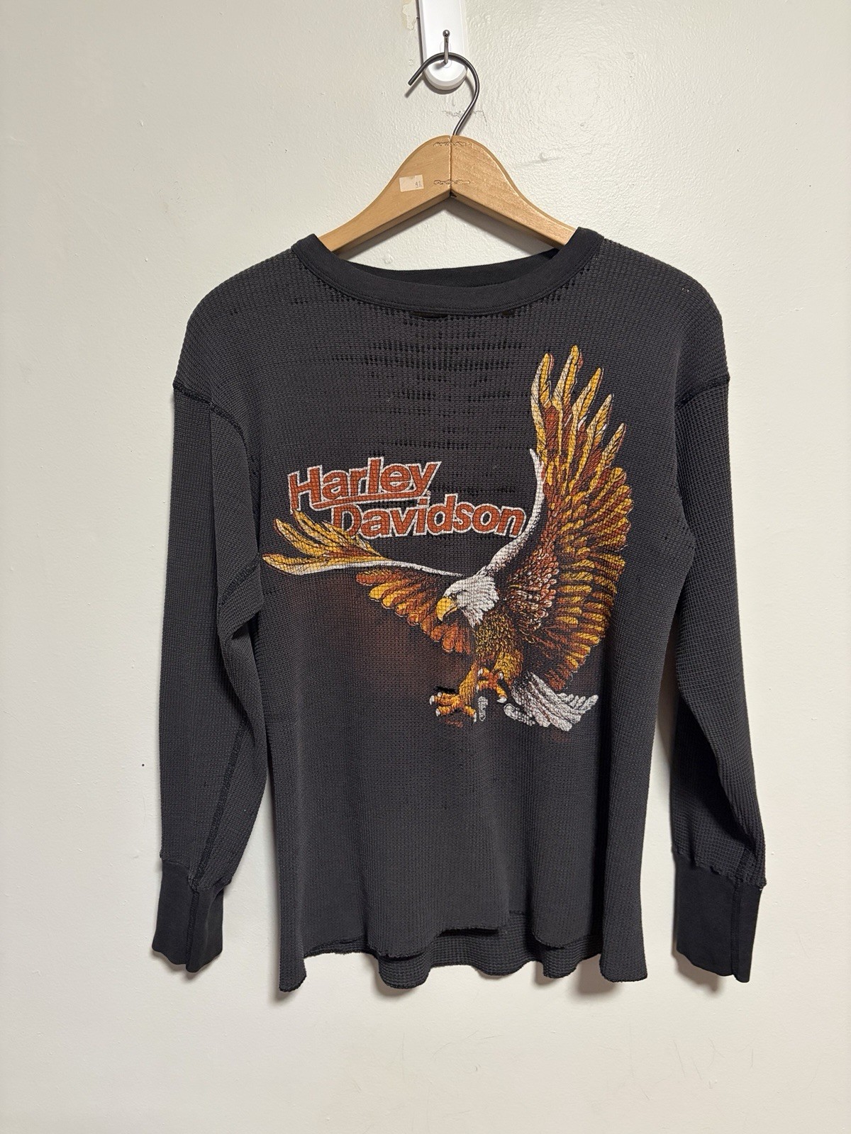 Vintage 80s 3D Emblem Harley Davidson EasyRiders Thermal Long Sleeve Shirt Large
